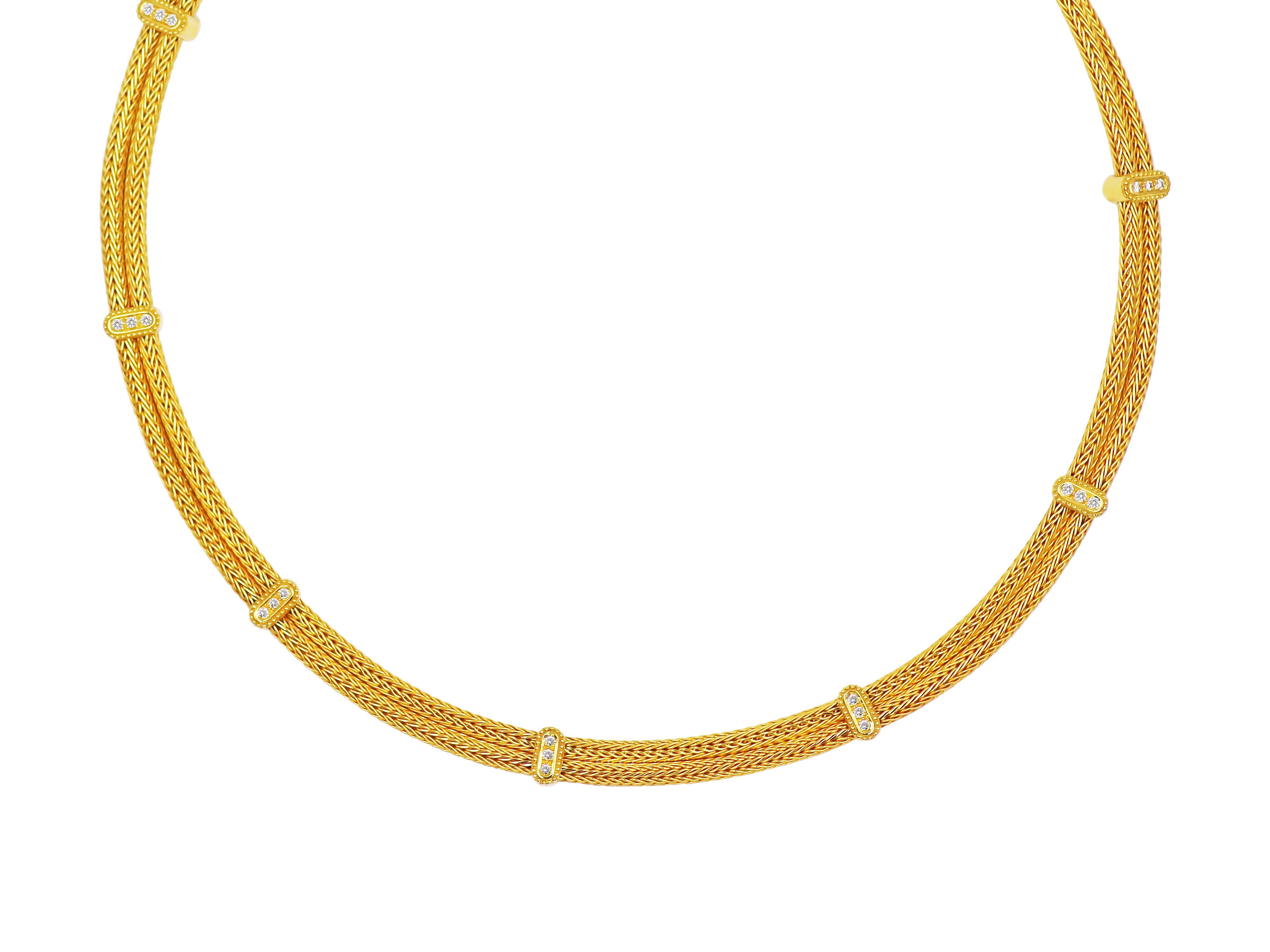 Knitted necklace from Dimos collection with double rope and diamond bars.  A world known workmanship of ours, with hours of knitting wire ending up in the beautiful double safety box clasp decorated with gold bars sets with 0.40 brilliant cut