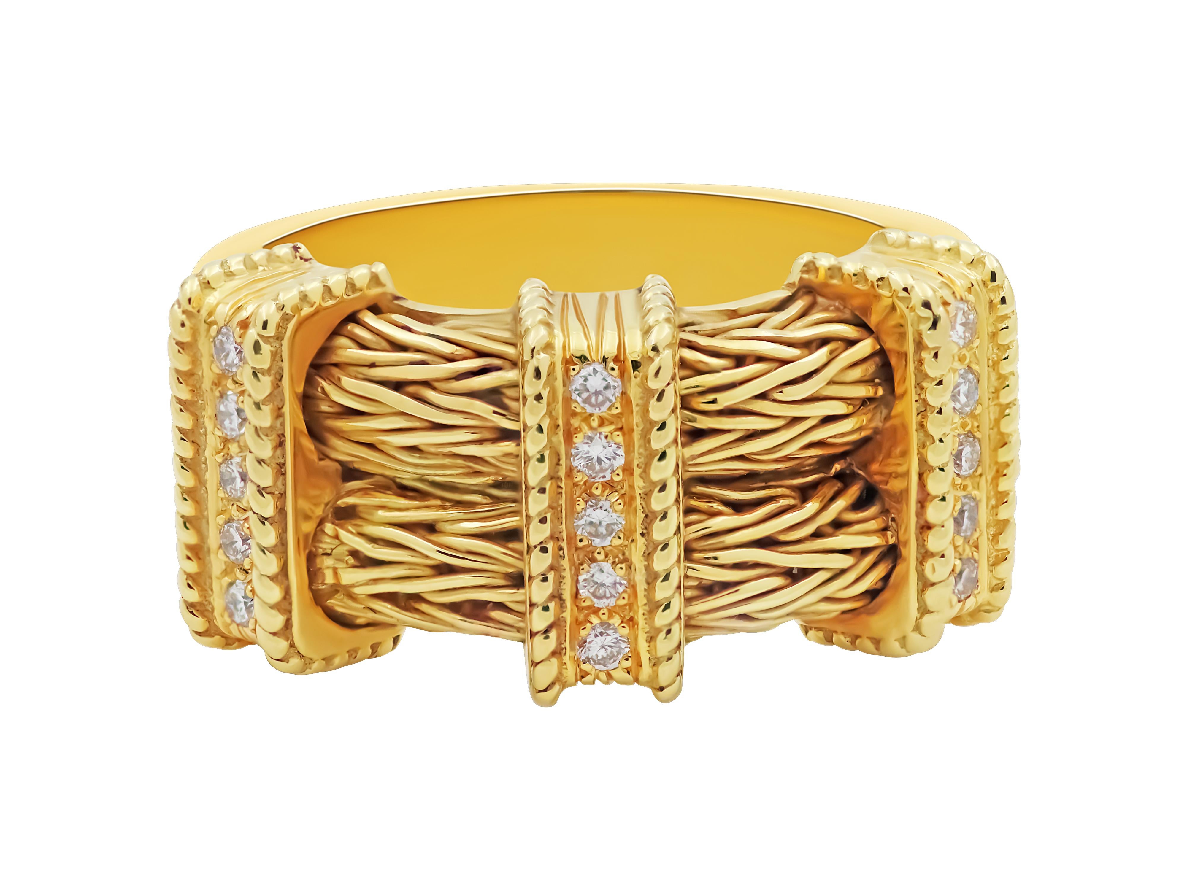 From Dimos Neoclassic collection this ring in 18 karat yellow gold with a beautiful knitted double rope work and the diamond bars that complete the set and the distinct look of our ring. 

Dimensions
Top width: 0.3937