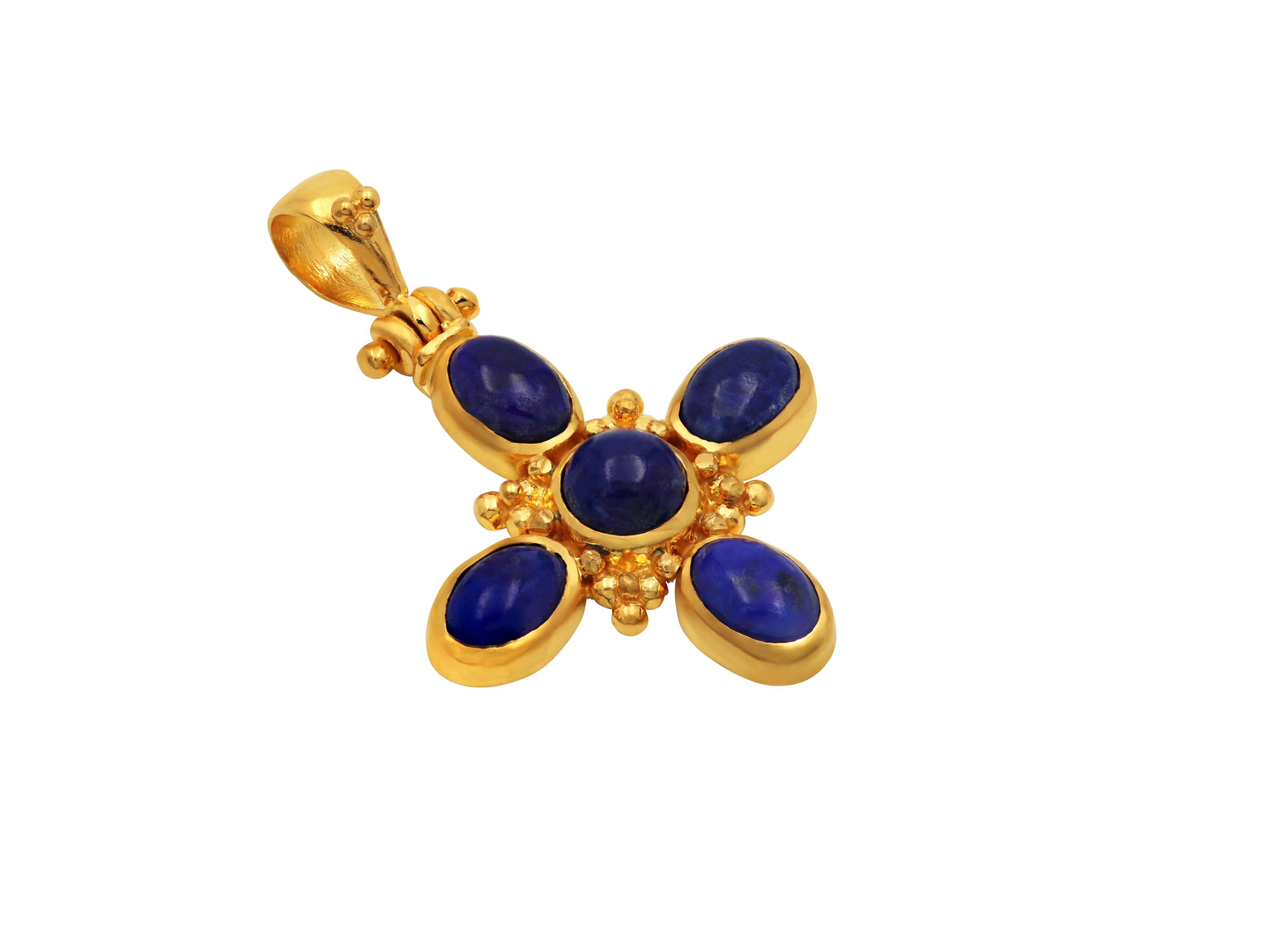 Classic cross completely handmade in the old traditional way in 18 karats gold set with cabochon Lapis Lazuli and granulation decoration.