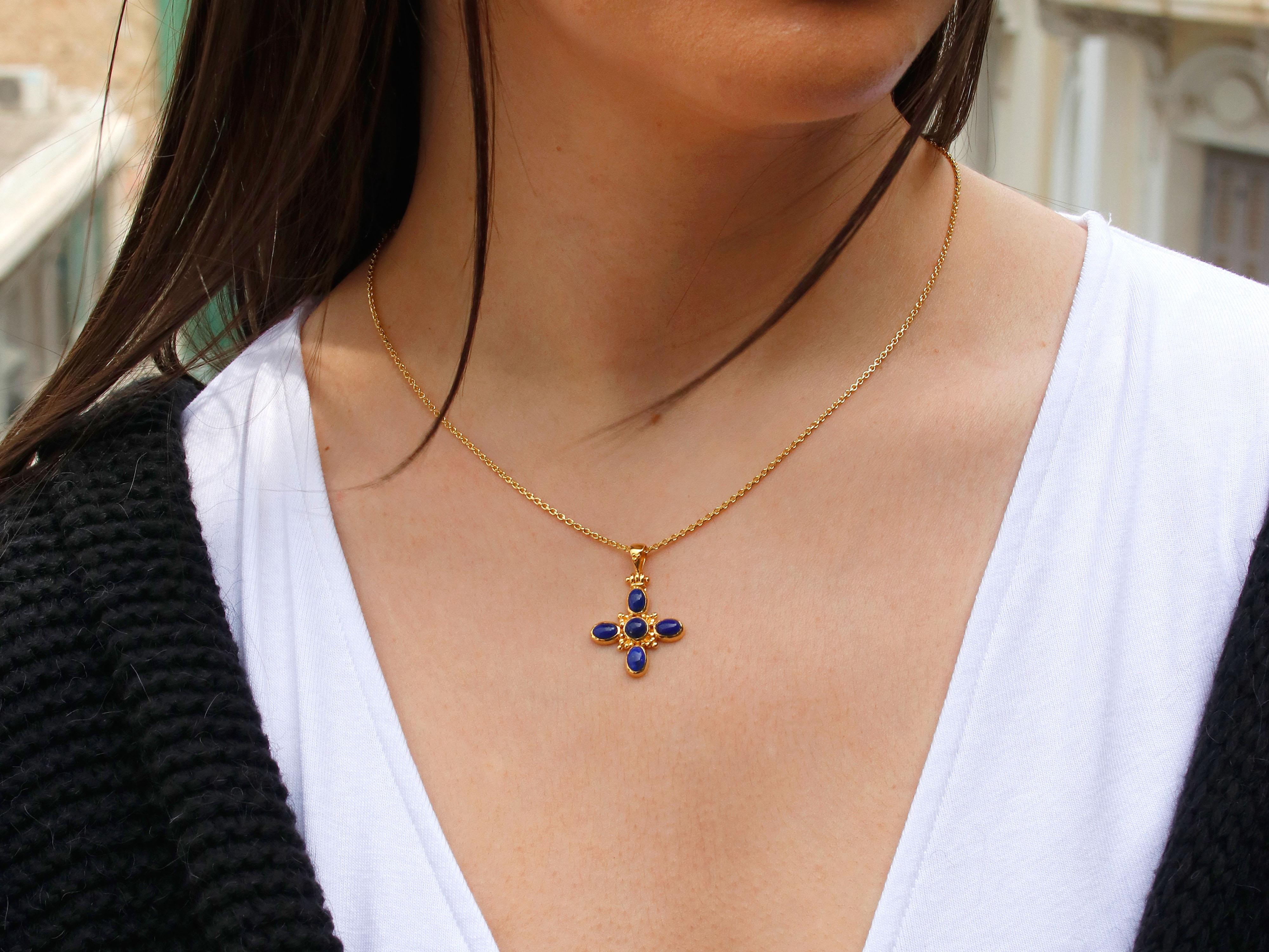 Classical Greek Dimos 18 Karat Gold Elegant Cross with Lapis Lazuli For Sale