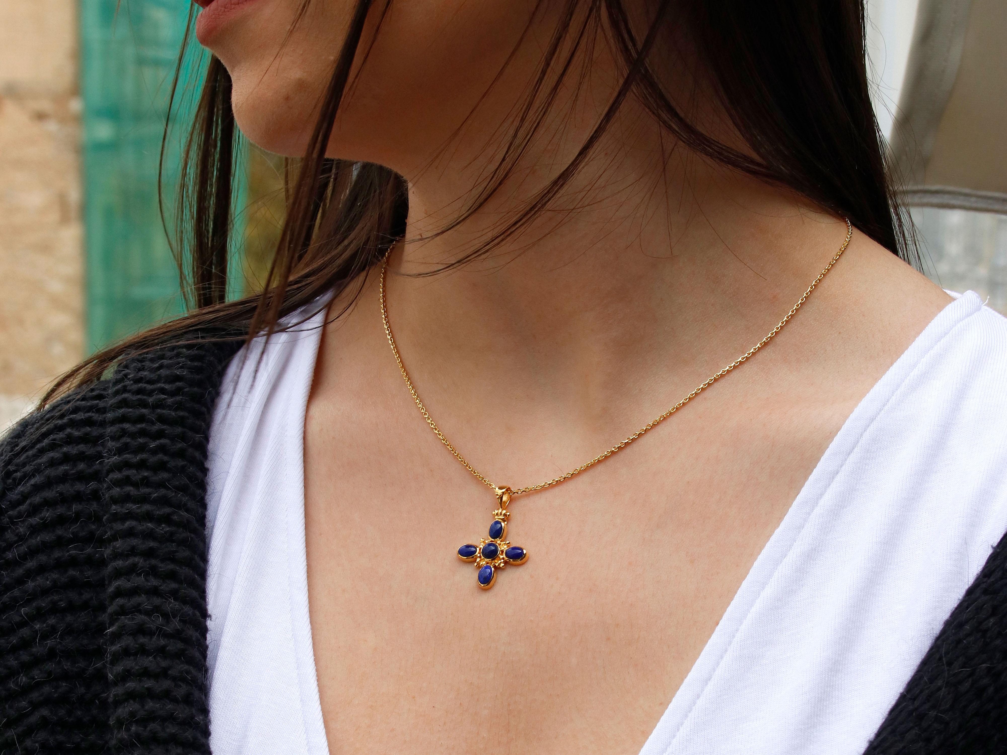 Cabochon Dimos 18 Karat Gold Elegant Cross with Lapis Lazuli For Sale