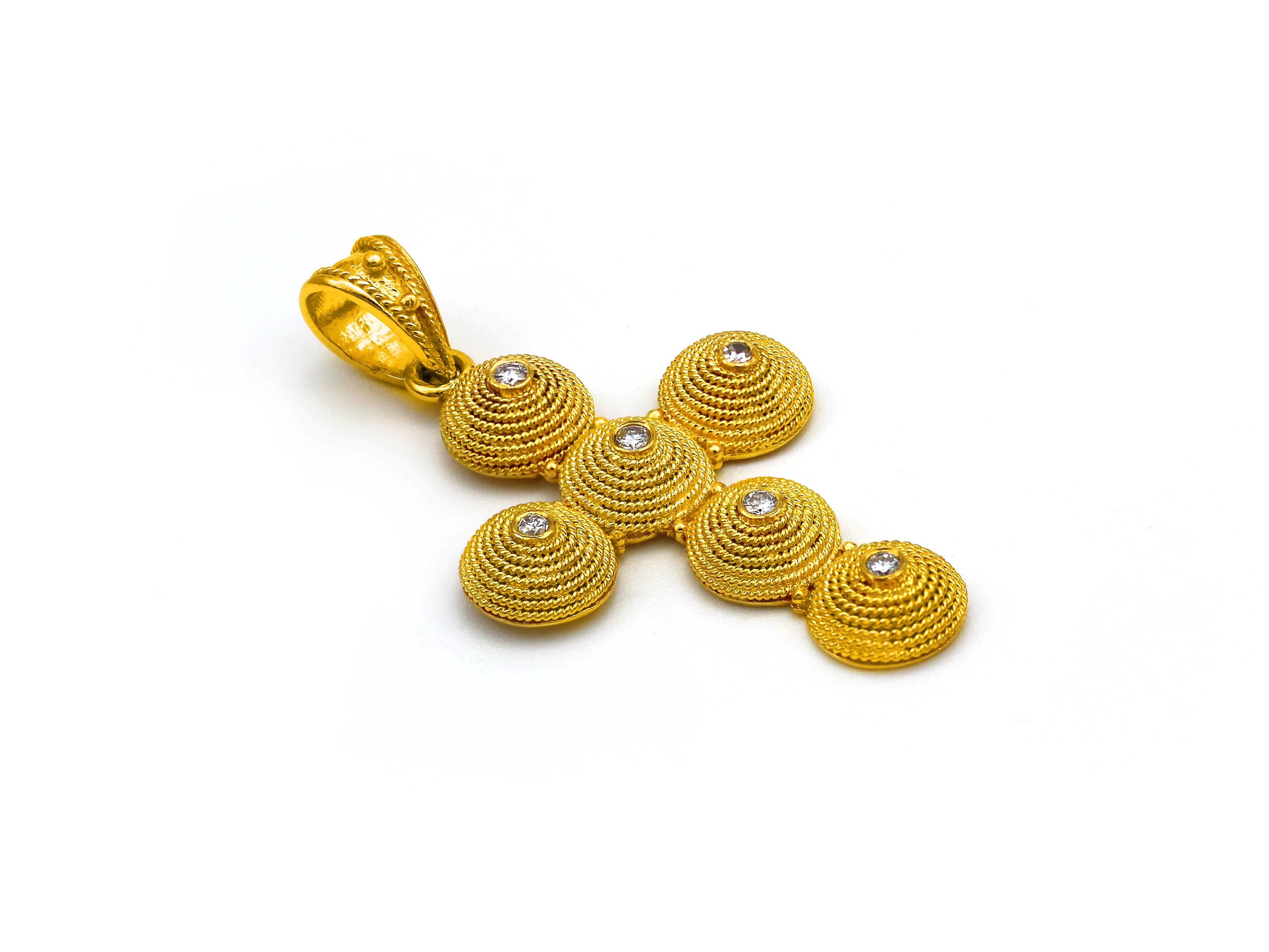 Byzantine Dimos 18k Gold Filigree Cross Pendant with Diamonds For Sale