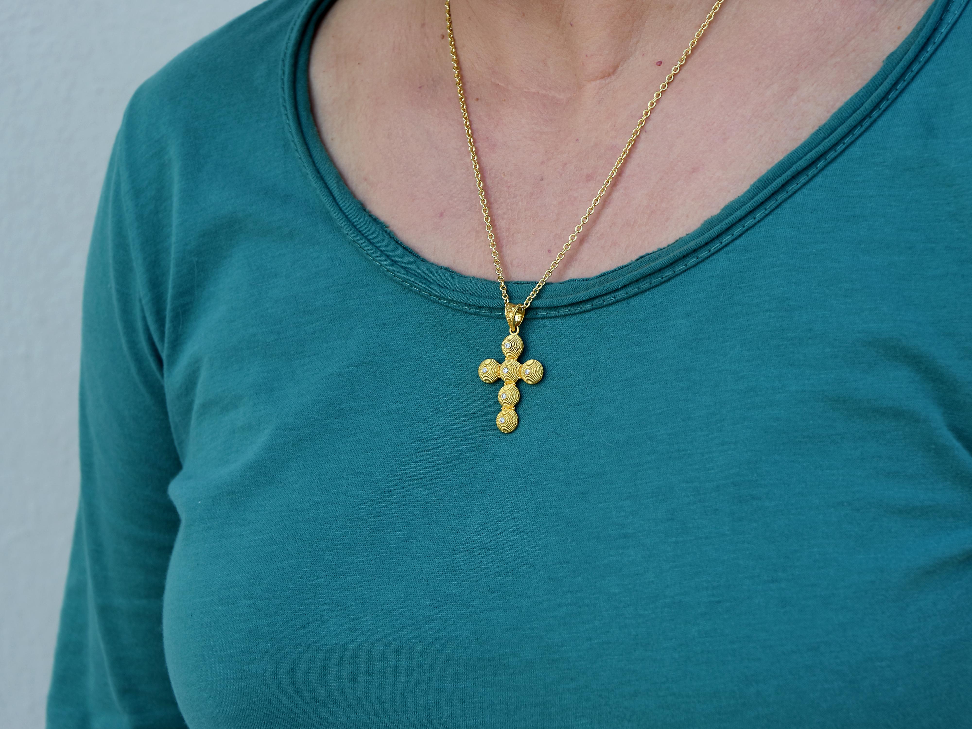Women's Dimos 18k Gold Filigree Cross Pendant with Diamonds For Sale