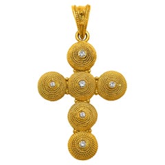 Antique Dimos 18k Gold Filigree Cross Pendant with Diamonds