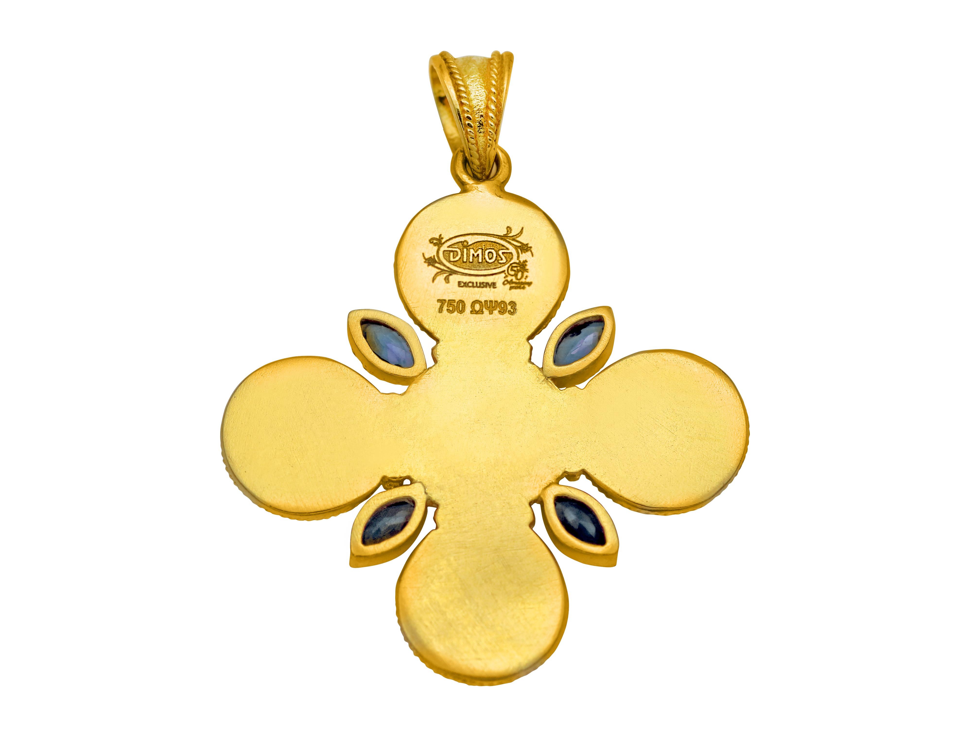 Marquise Cut Dimos 18k Gold Filigree Cross Pendant with Marquise Sapphires For Sale