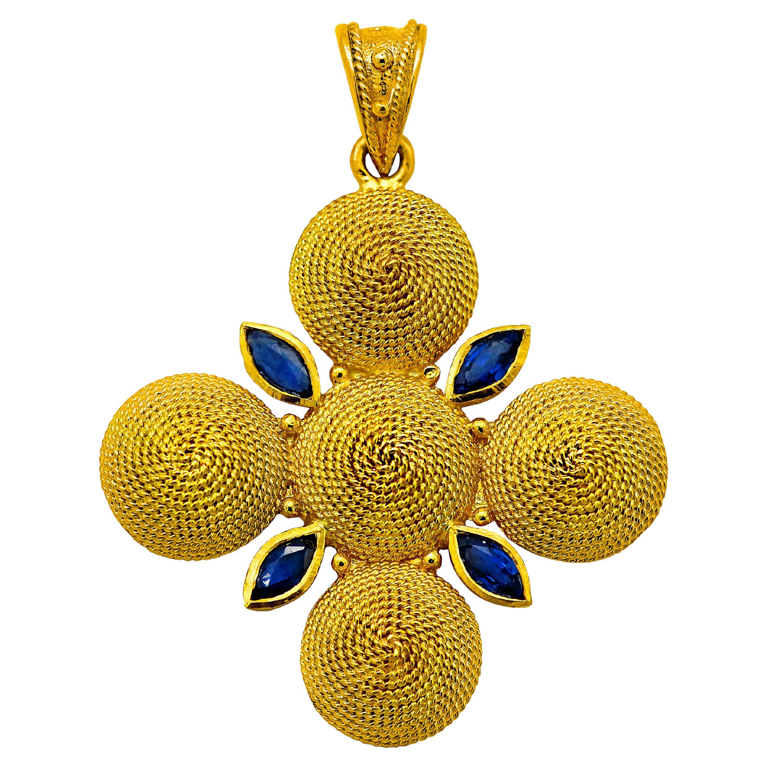 Dimos 18k Gold Filigree Cross Pendant with Marquise Sapphires