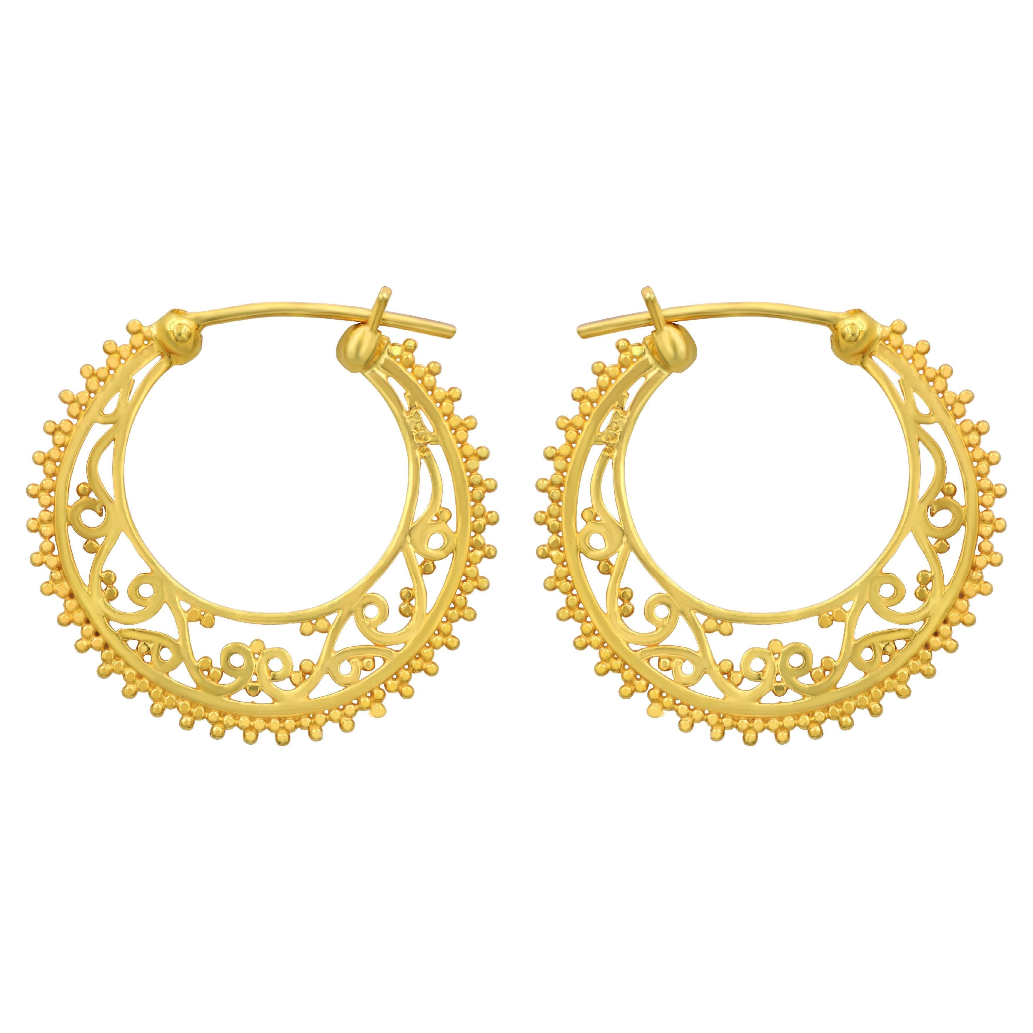 Dimos 18k Gold Filigree Hoops Earrings For Sale
