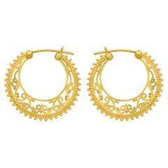 Vintage Dimos 18k Gold Filigree Hoops Earrings