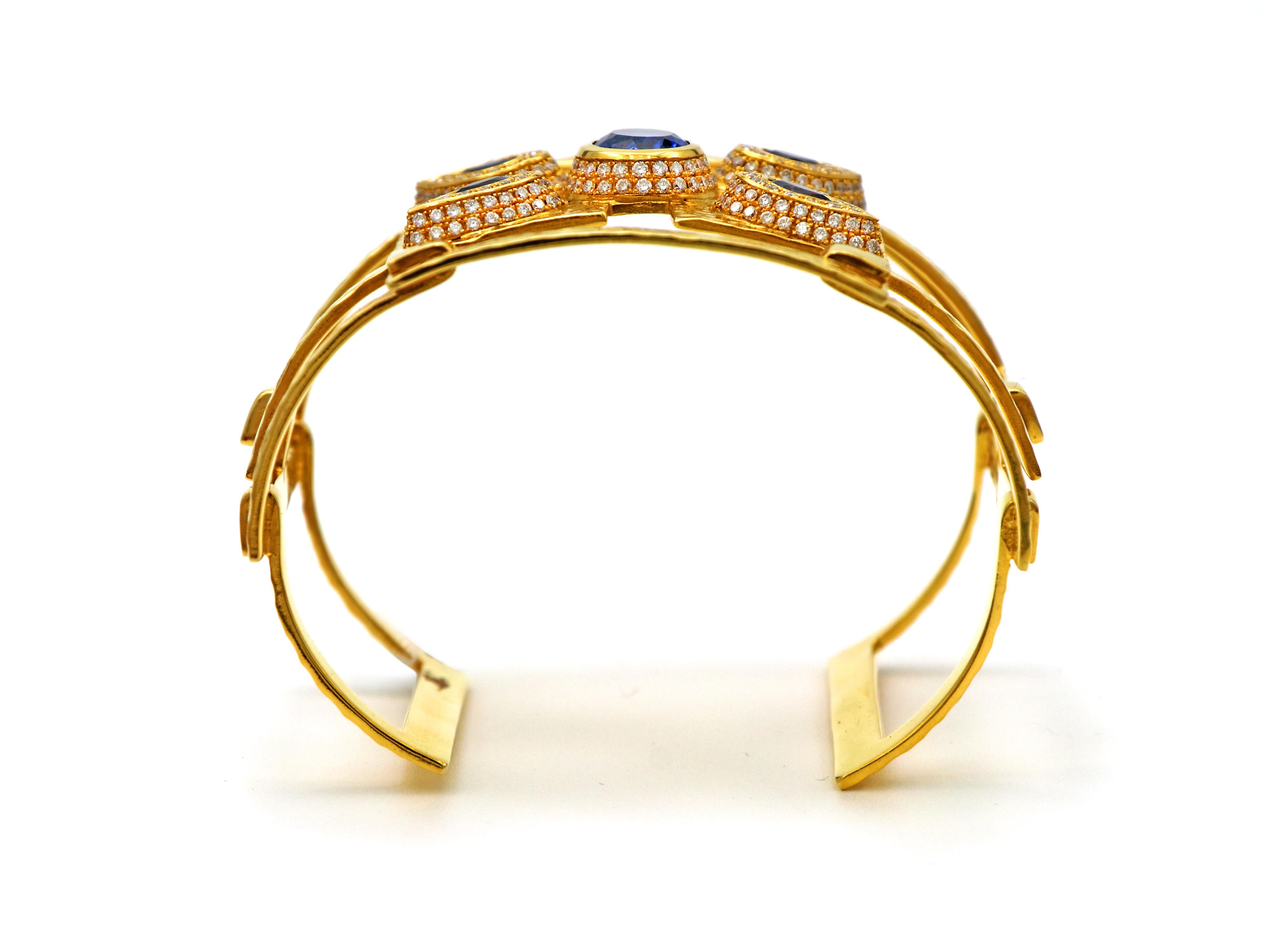 Modern Dimos 18k Gold Geometric Bracelet with Tanzanite and Ceylon Sapphires For Sale