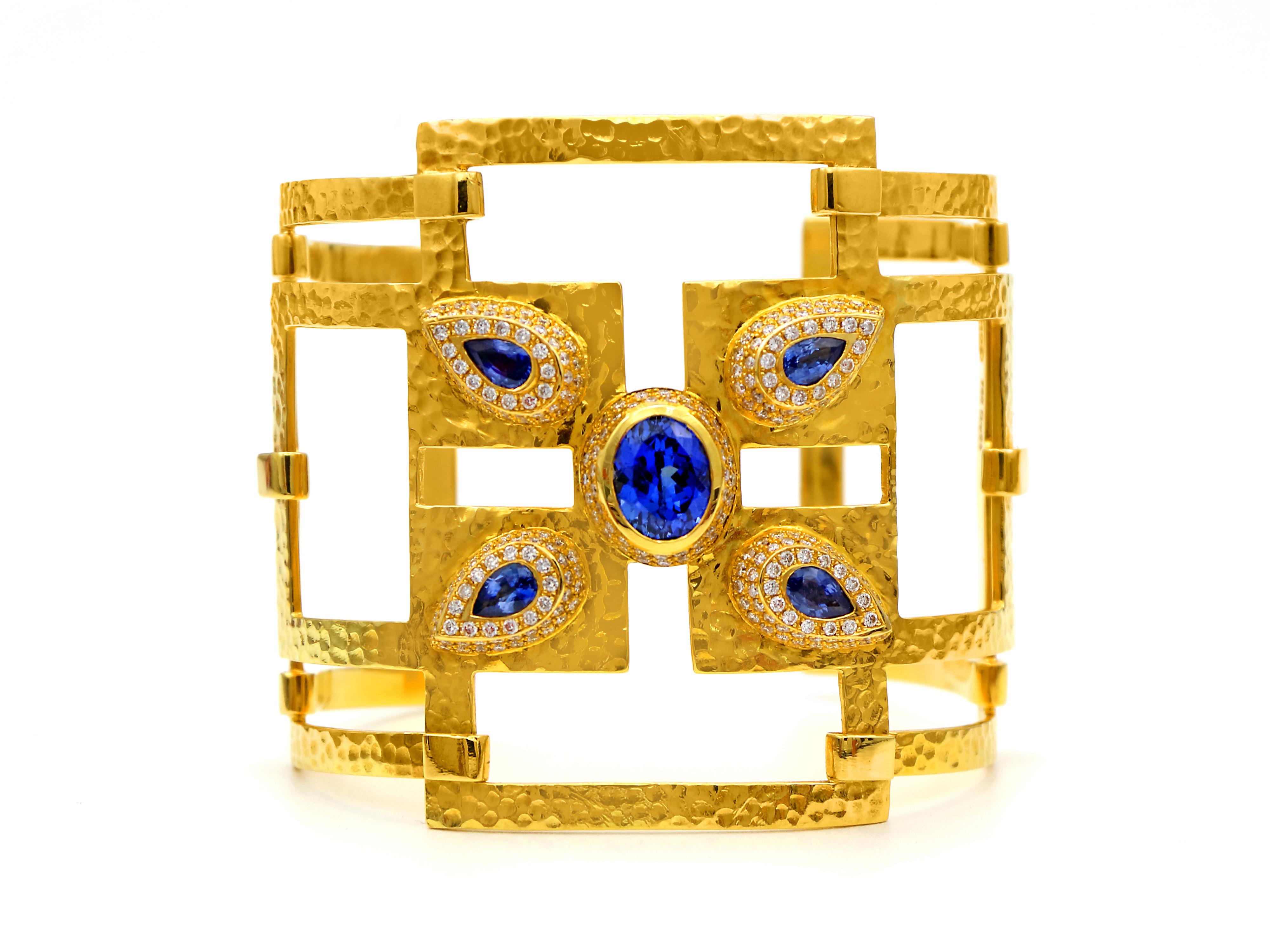 Oval Cut Dimos 18k Gold Geometric Bracelet with Tanzanite and Ceylon Sapphires For Sale