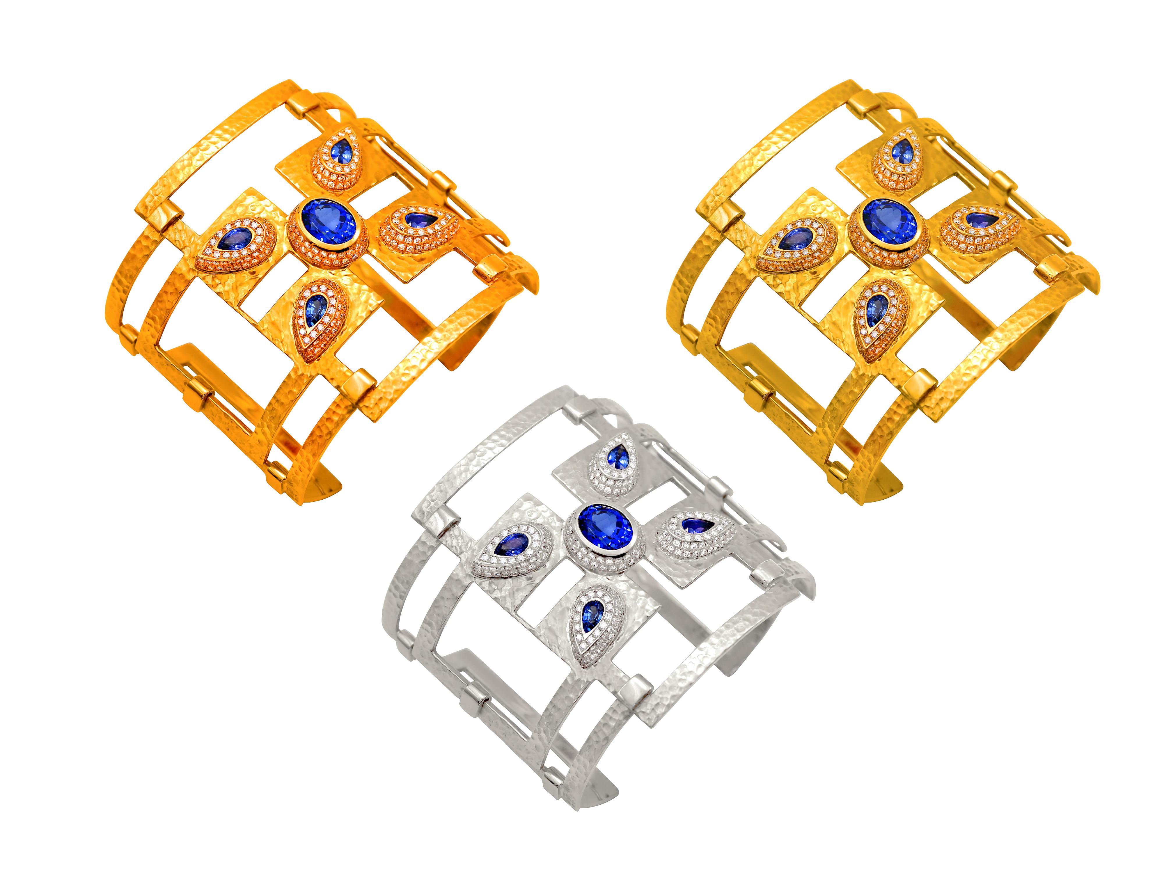 Dimos Bracelet géométrique en or 18 carats avec tanzanite et saphirs de Ceylan en vente 1
