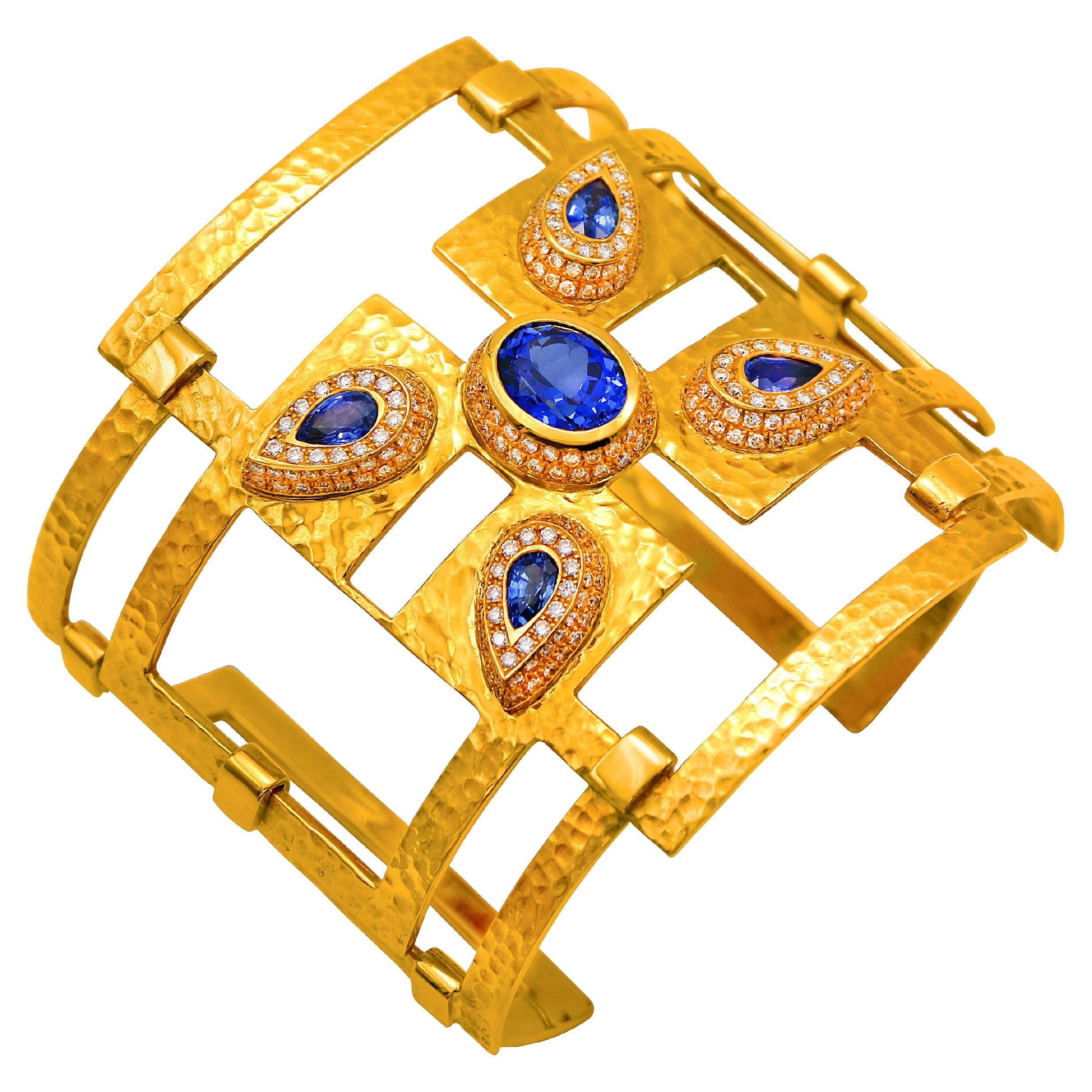 Dimos 18k Gold Geometric Bracelet with Tanzanite and Ceylon Sapphires For Sale