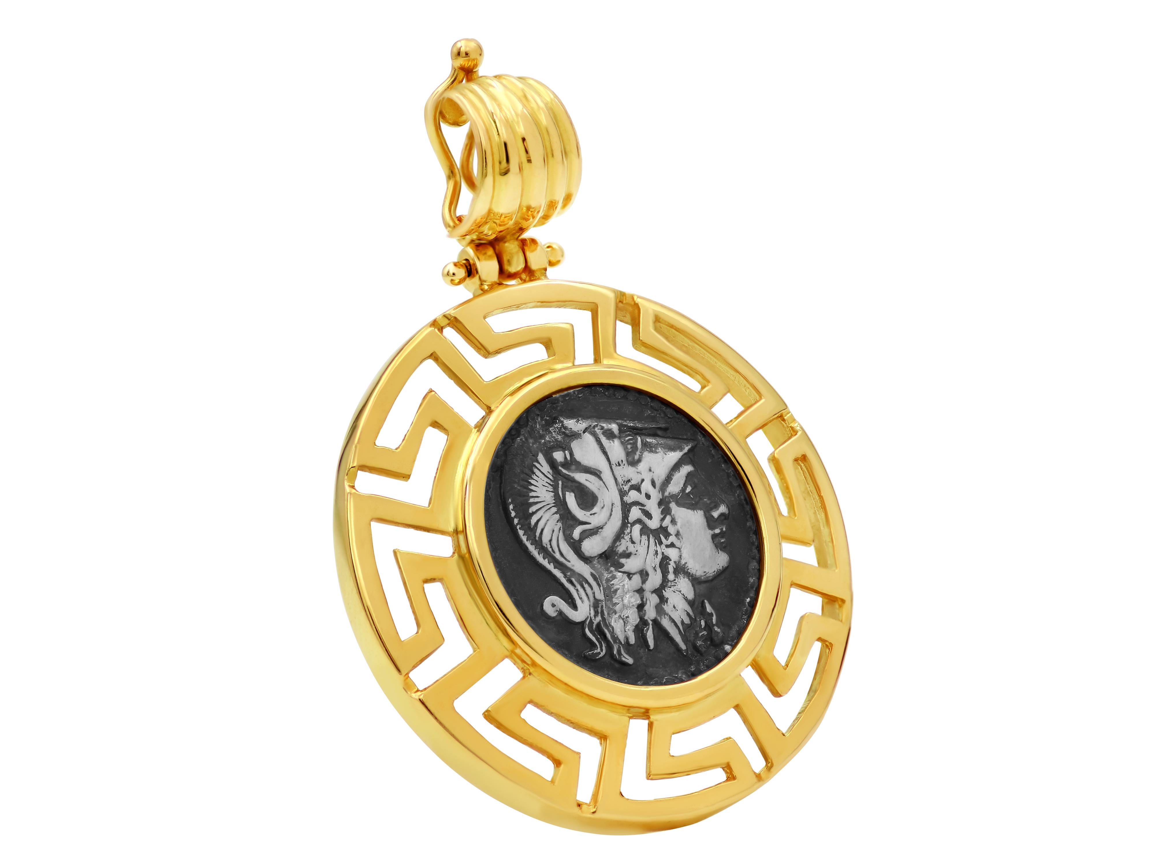 Goddess Athena silver coin that dates somewhere in 510 B.C set in 18k yellow gold frame with Greek Key design.
A statement piece that can be added anywhere due to the opening bezel and can be worn with anything you can imagine from your omega