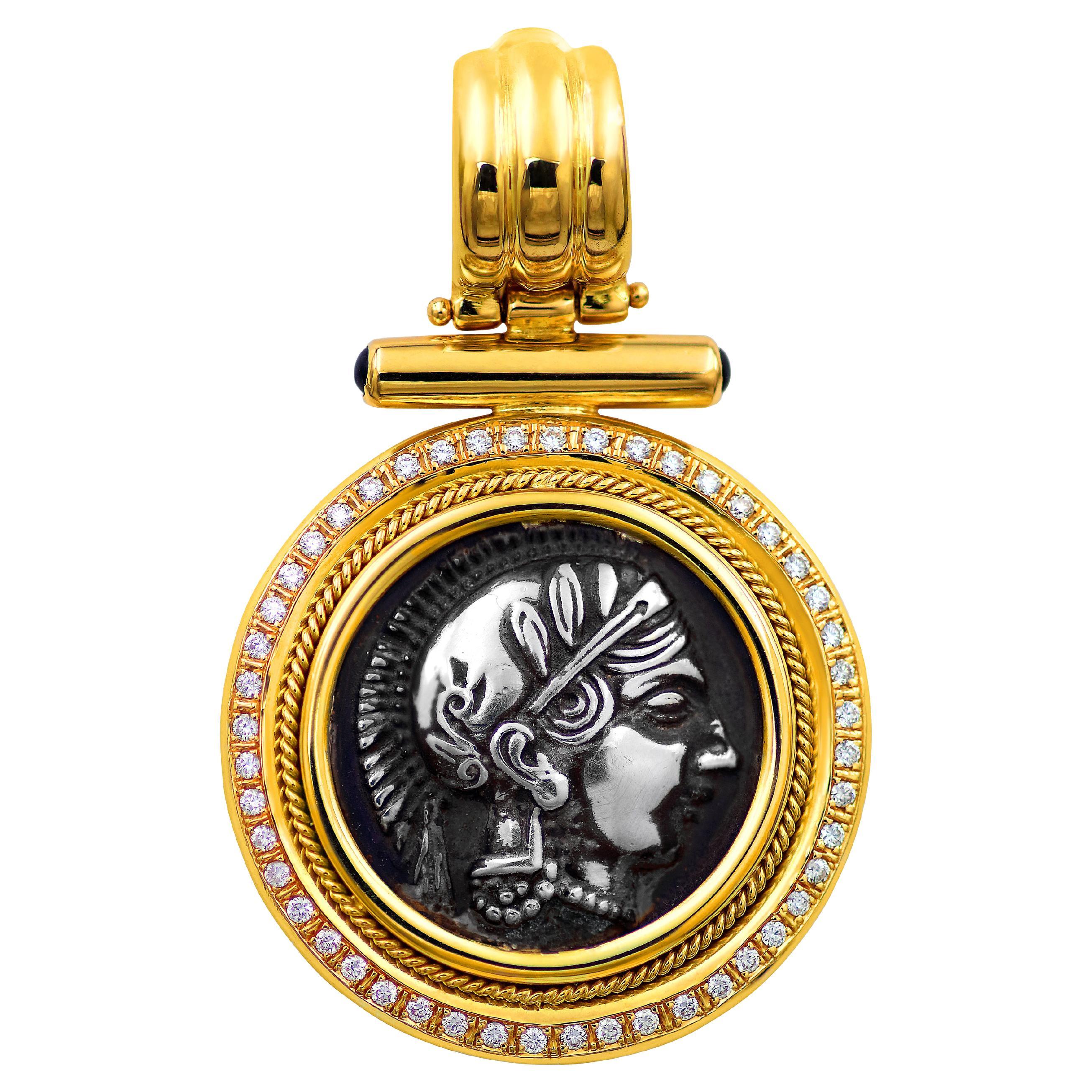 Dimos 18k Gold Goddess Athena Pendant with Diamonds For Sale