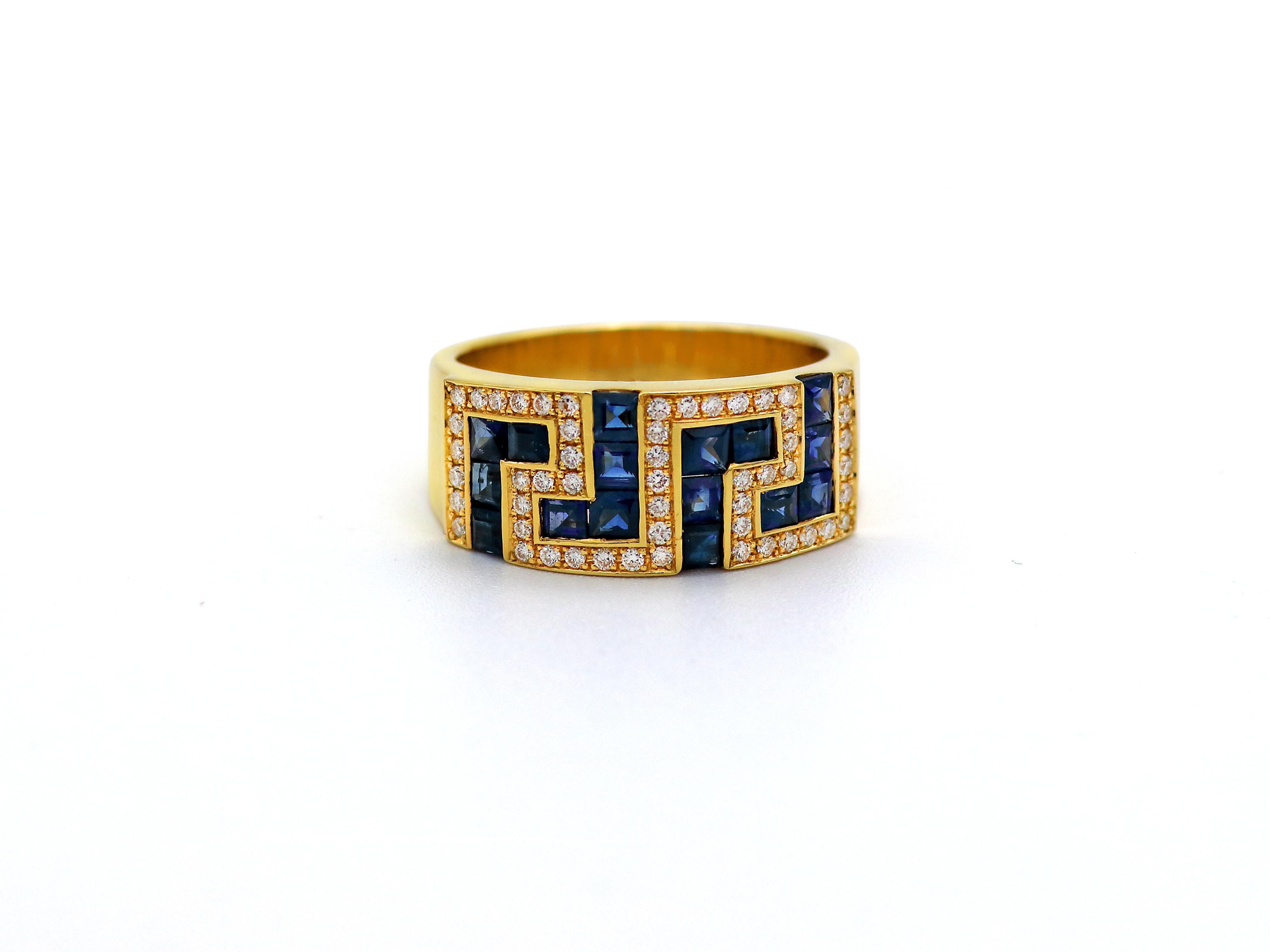 Classical Greek Dimos 18k Gold Greek Key Band Ring with Sapphires For Sale