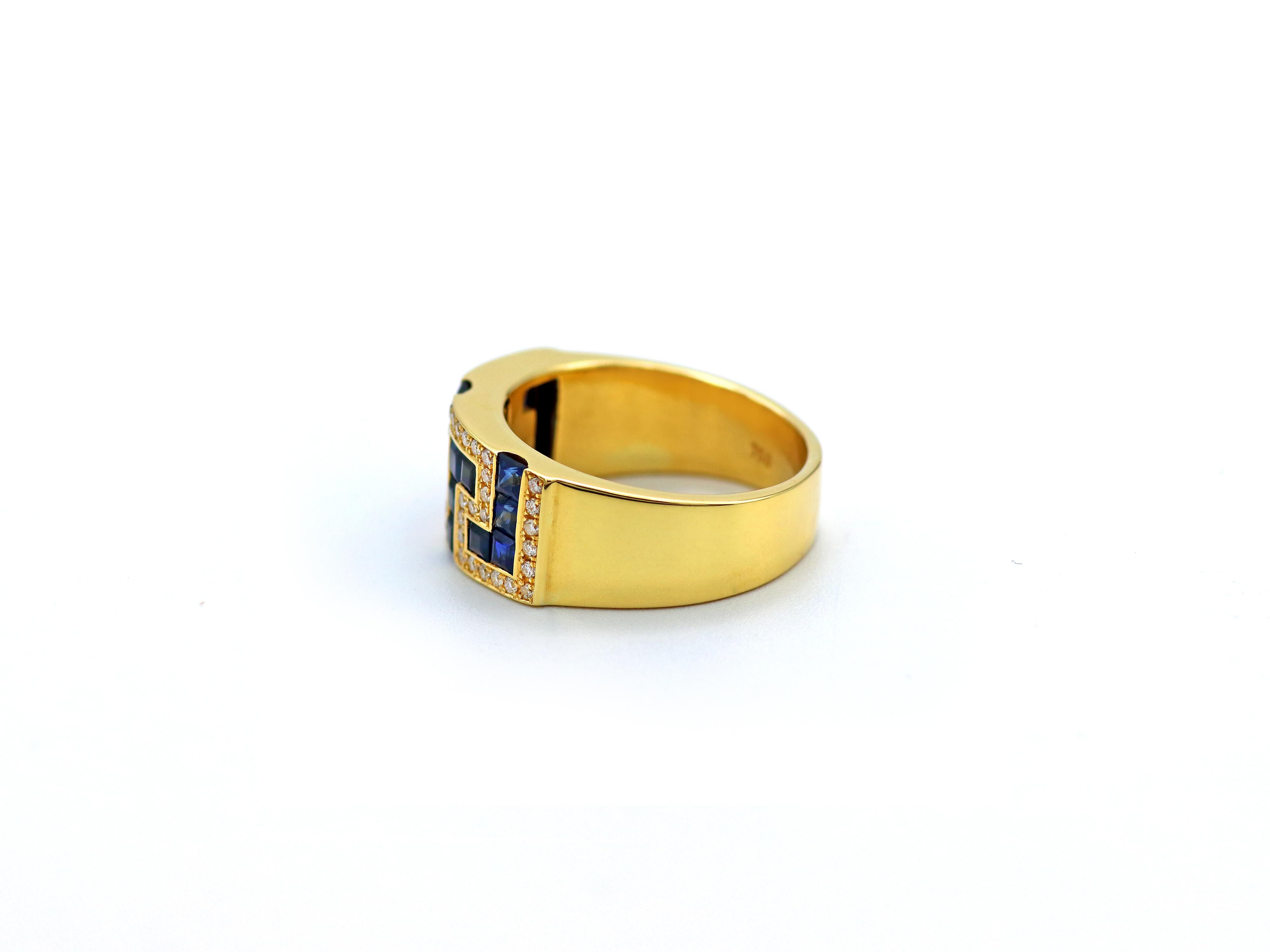 Princess Cut Dimos 18k Gold Greek Key Band Ring with Sapphires For Sale