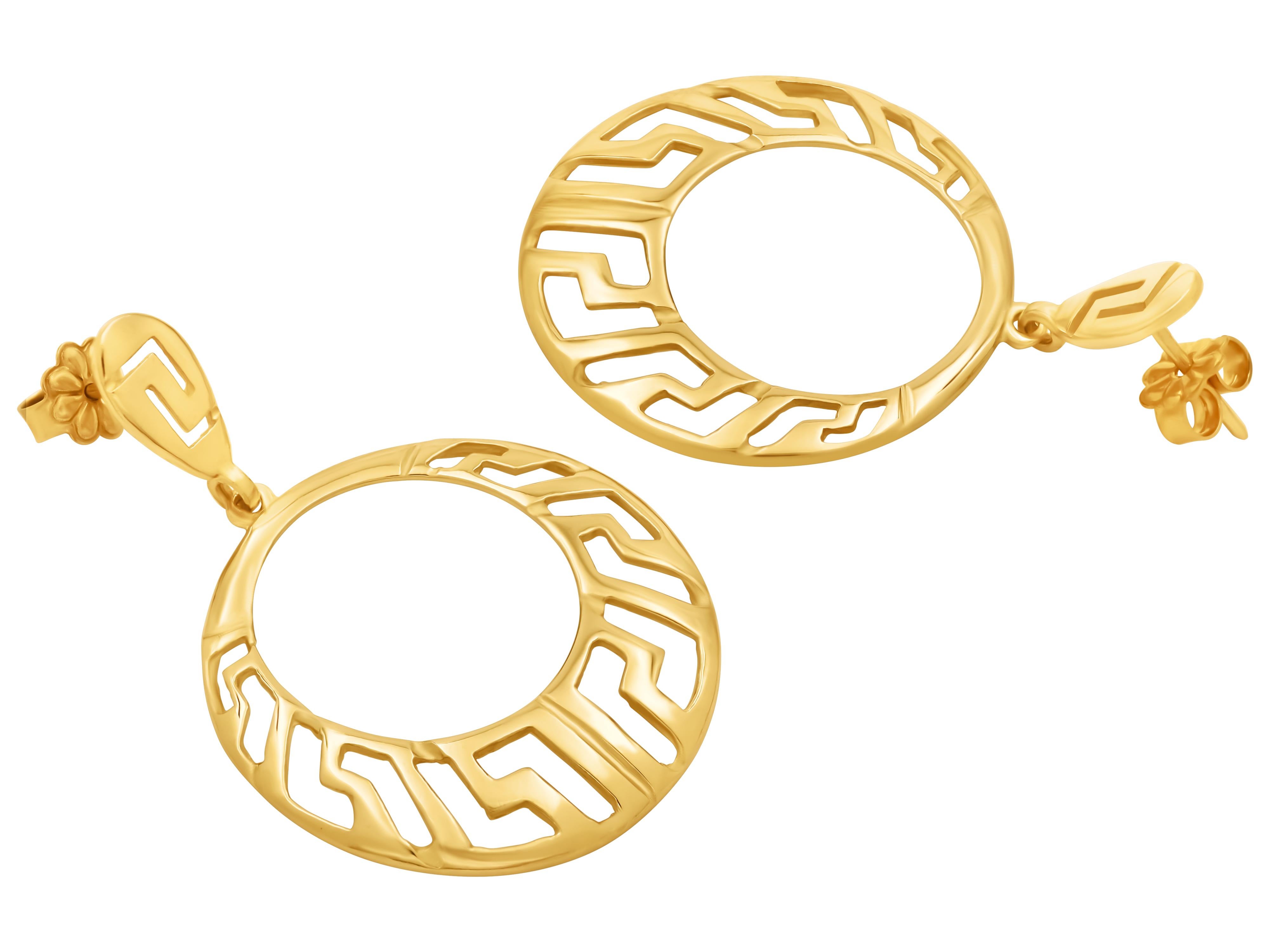 Greek key circle earrings in 18k yellow gold. Unique and not commercial piece with depth and character. A not small size but very light in the eyes due to its openness. Can be made to order in white gold or set with a diamond pave finish. You will