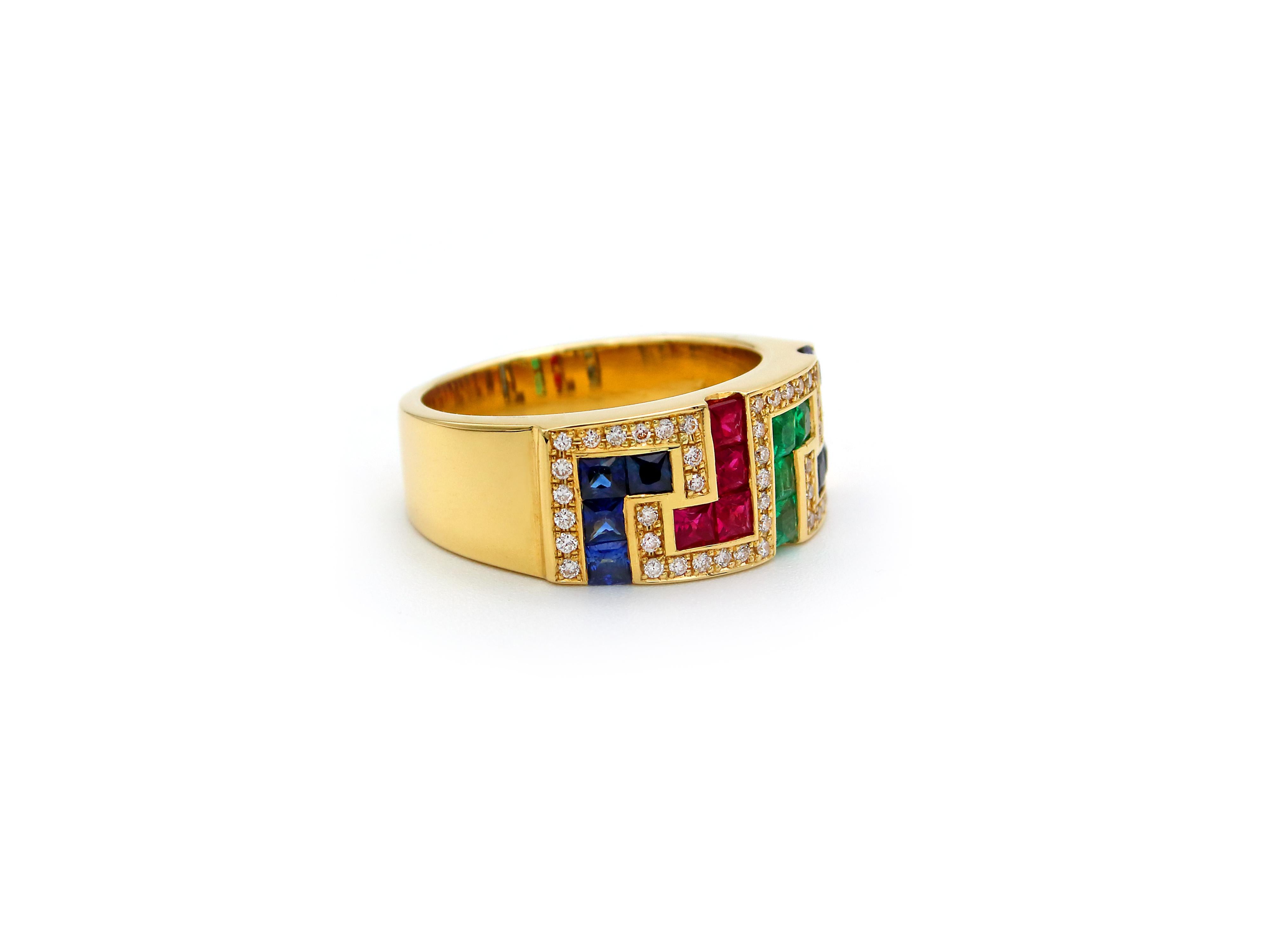 Band ring in 18 karats yellow gold set with colorful gems, 1.60 carats of Rubies, Emeralds and Sapphires. The frame around it is the pave setting with 0.40 carats brilliant cut diamonds that adds light and luxury to the piece.

DIMENSIONS
Band top