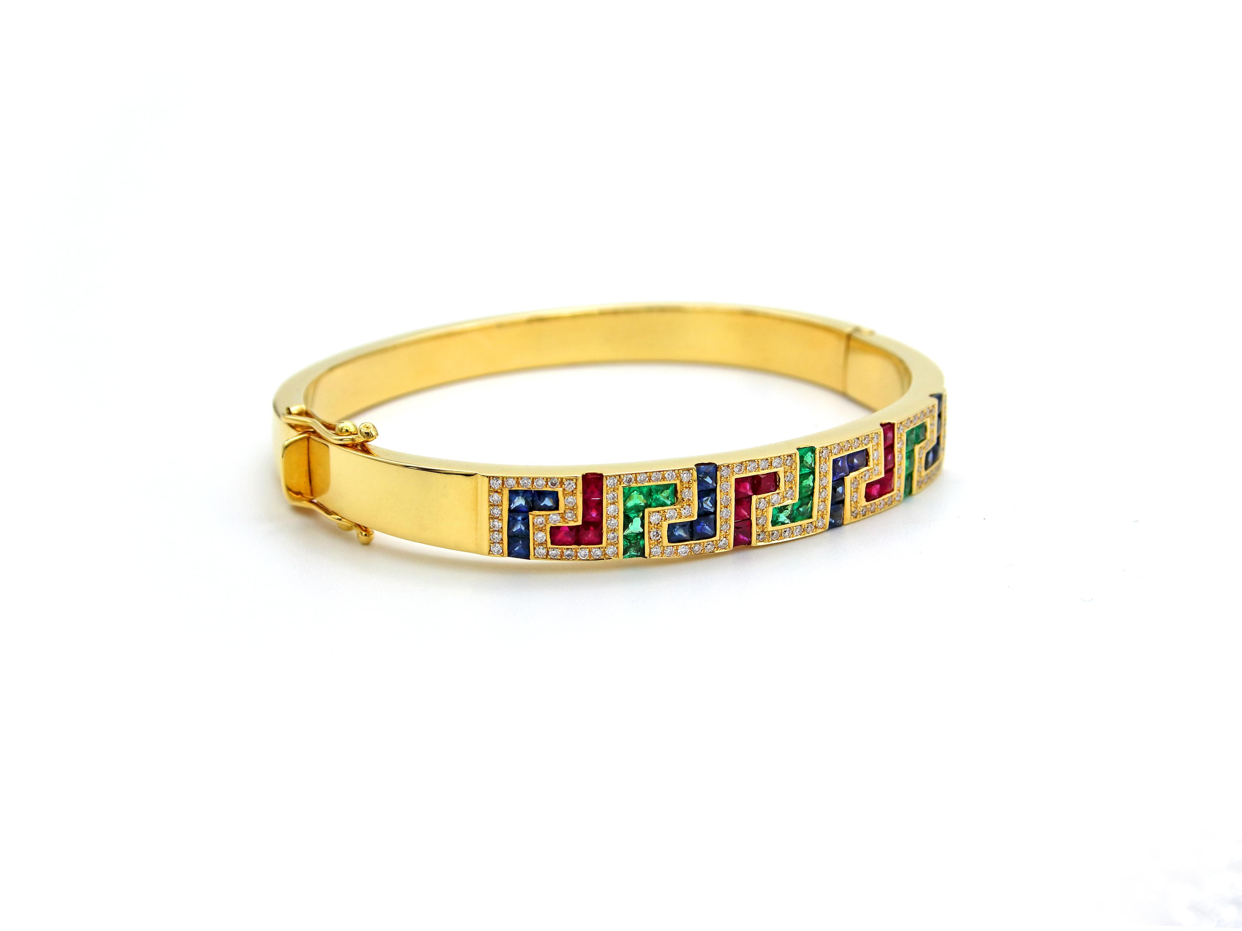 Happy Greek key collection. This bracelet in 18 karats yellow gold it’s one of the most recognizable designs worldwide. Recognizable for its Greek origin but also known as the symbol of the long life. The technical name of it is Meander. Known as