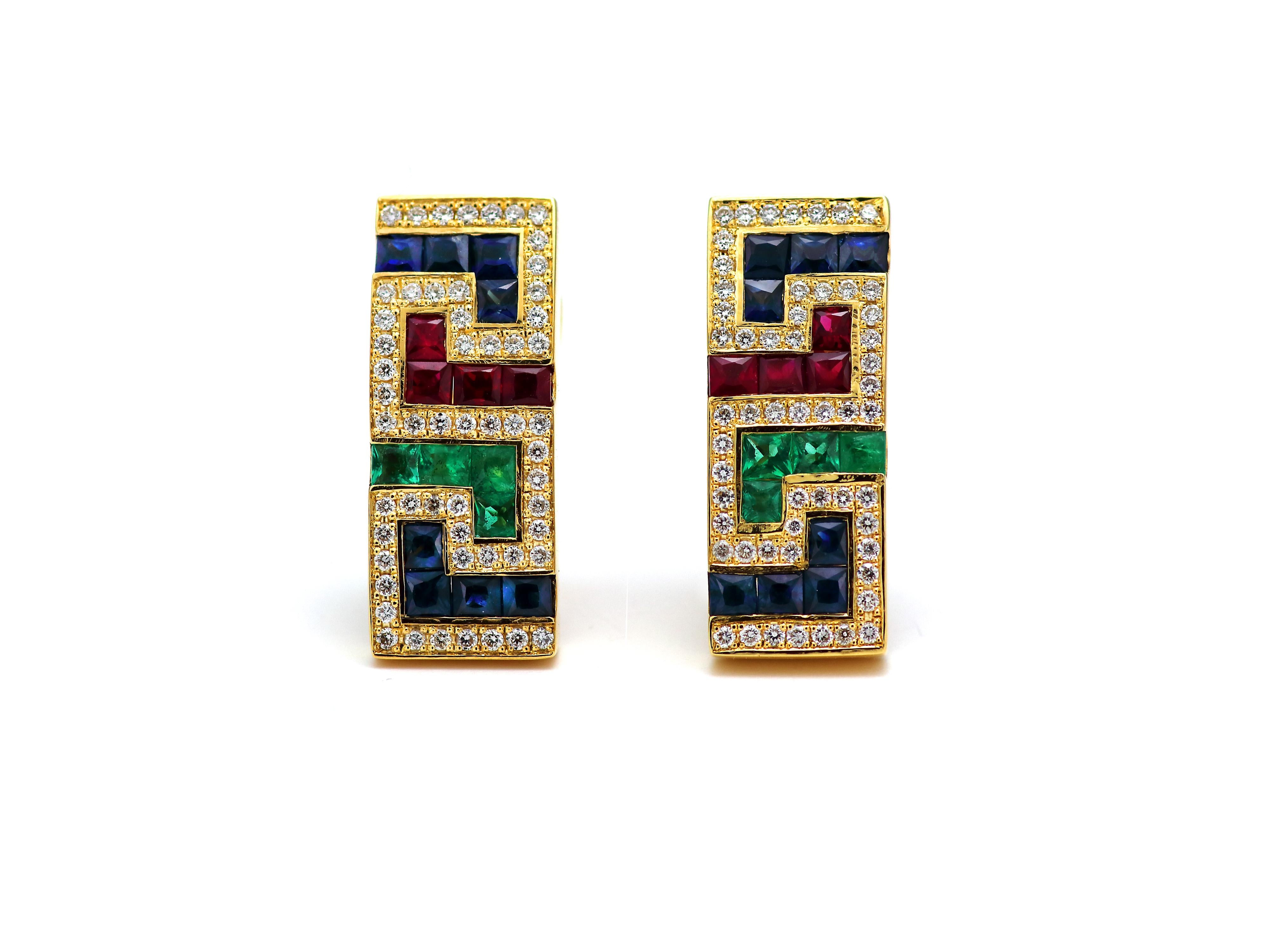 Happy Greek key collection. This earrings in 18 karats yellow gold it’s one of the most recognizable designs worldwide. Recognizable for its Greek origin but also known as the symbol of the long life. The technical name of it is Meander. Known as