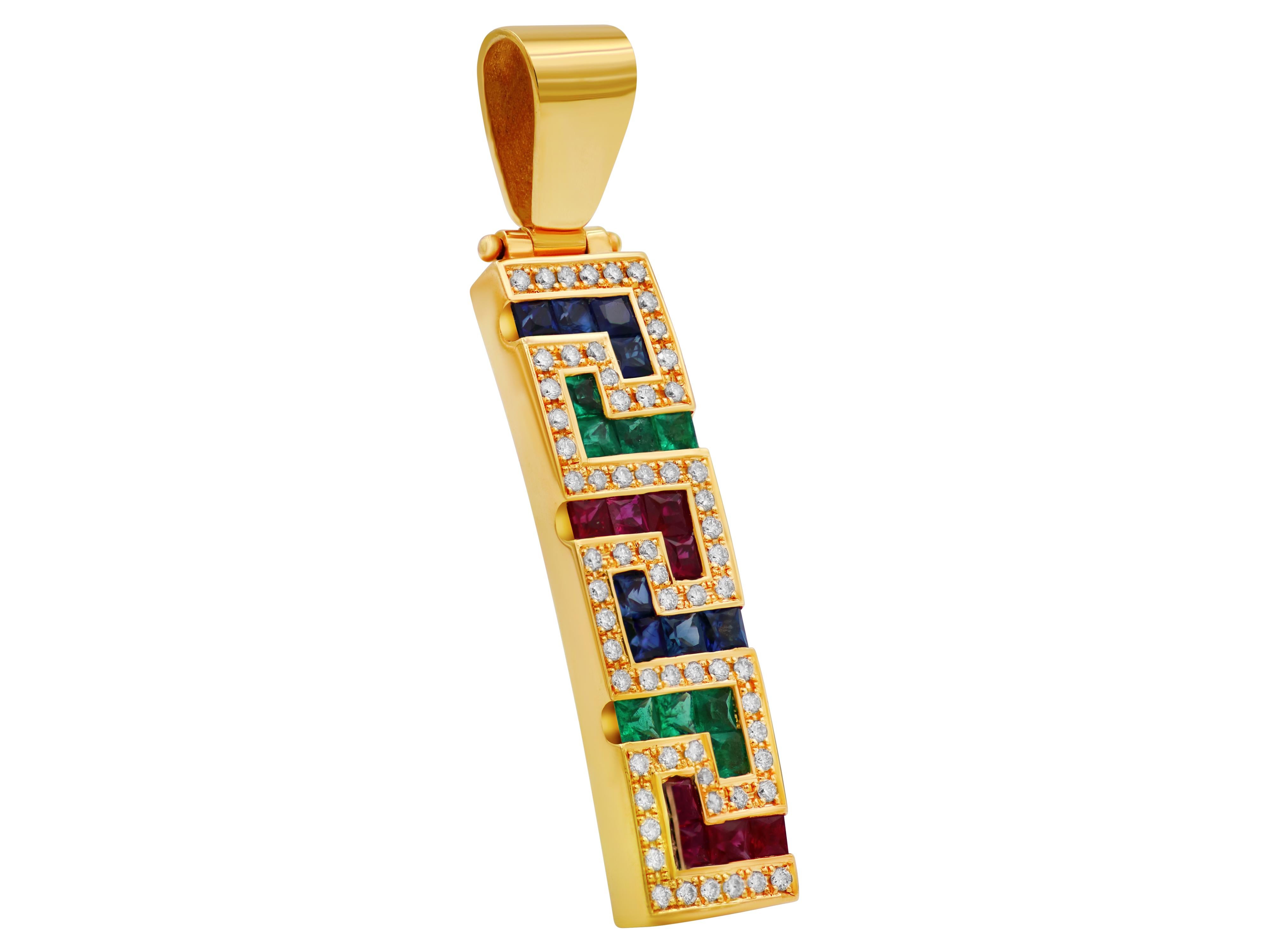 Greek key pendant in 18 karats yellow gold set set with colorful gems, 2.40 carats of Rubies, Emeralds and Sapphires and 0.50 carats brilliant cut diamonds. The frame around it is the pave setting of natural Diamonds that adds light and luxury to