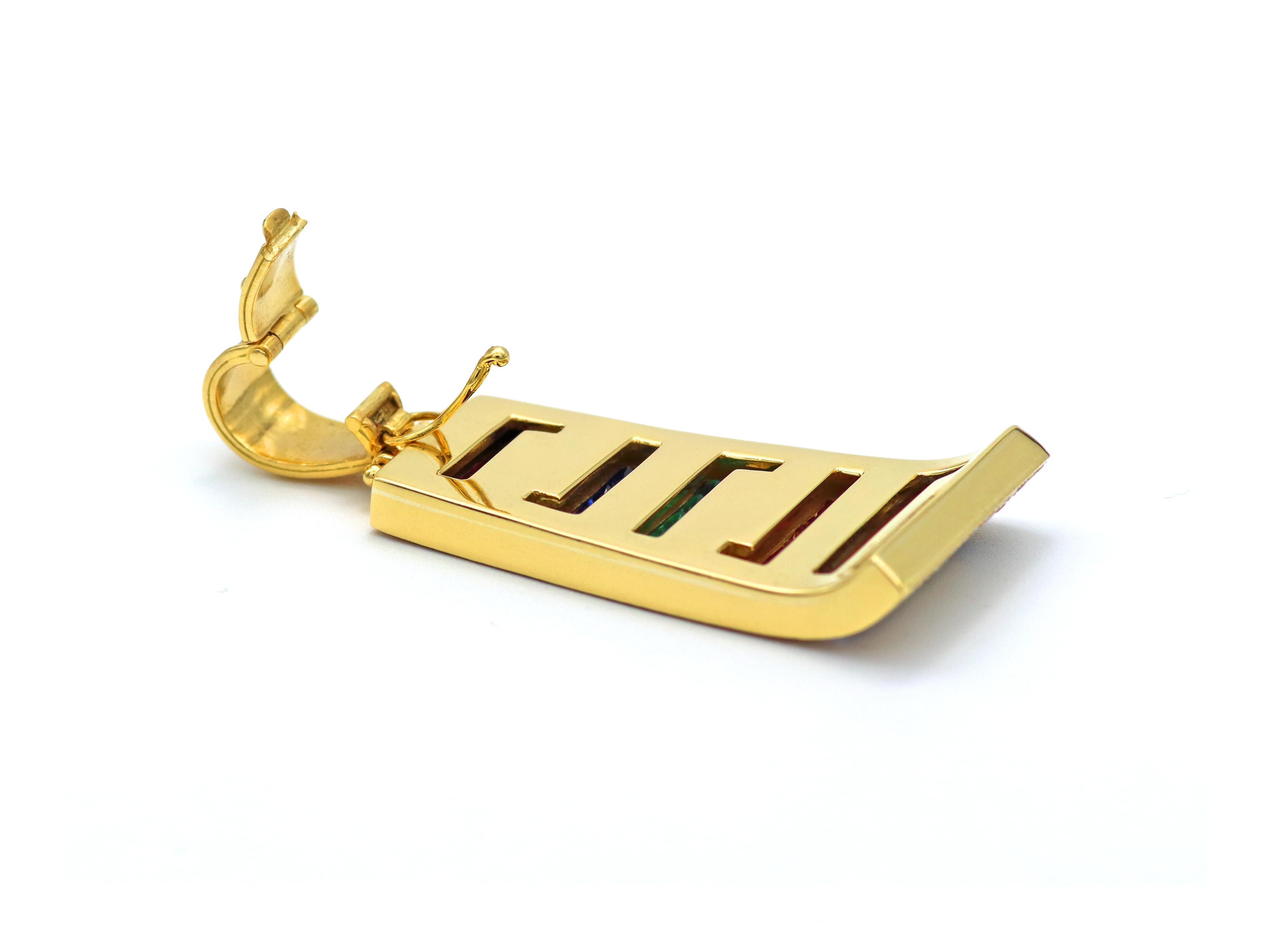 Princess Cut Dimos 18k Gold Greek Key Cocktail Pendant For Sale