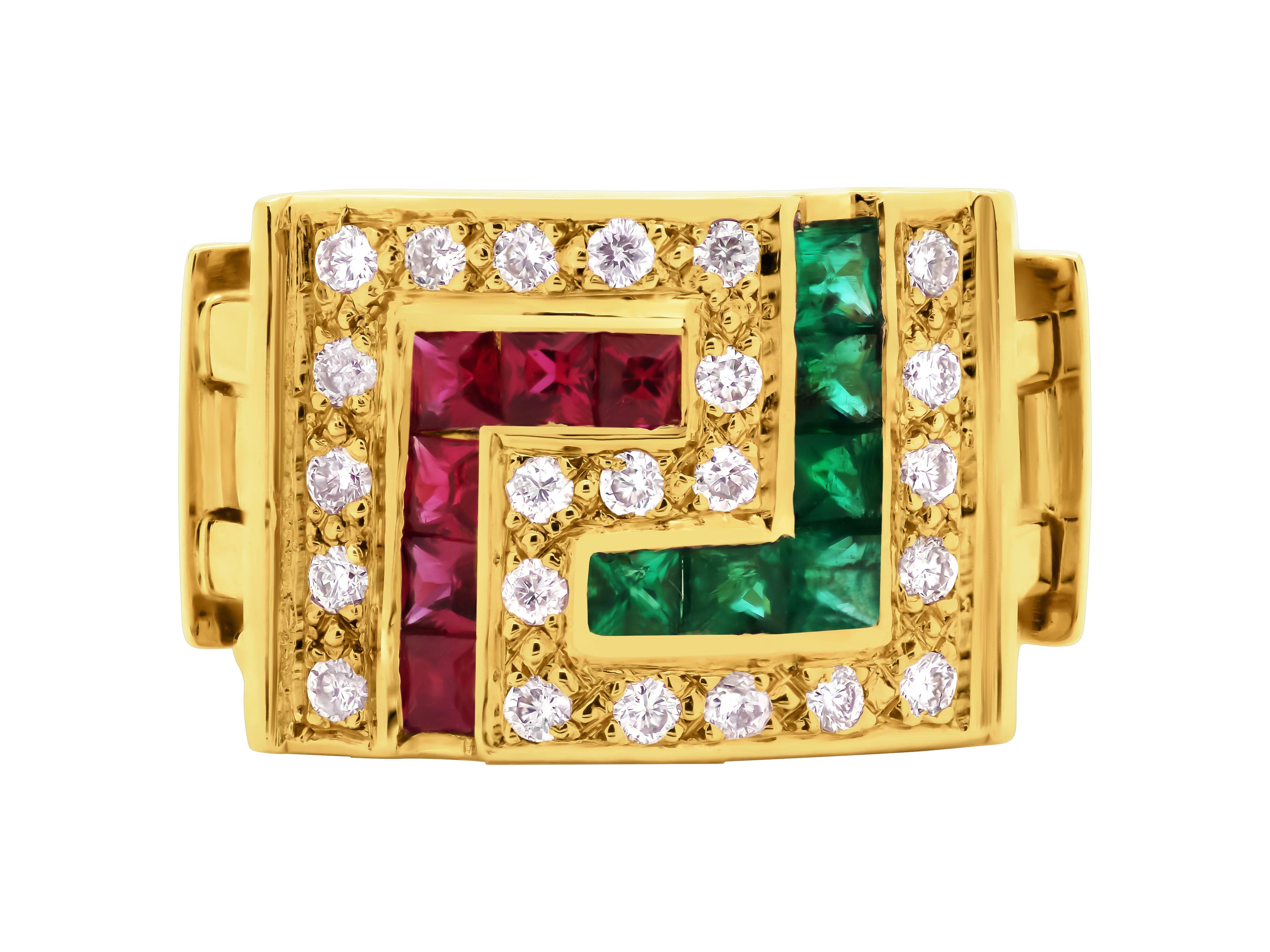 Greek key ring in 18 karats yellow gold set with 0.72 carats of Rubies and Emeralds. The frame around it is the pave setting with 0.28 carats brilliant cut diamonds that adds light and luxury to the piece.