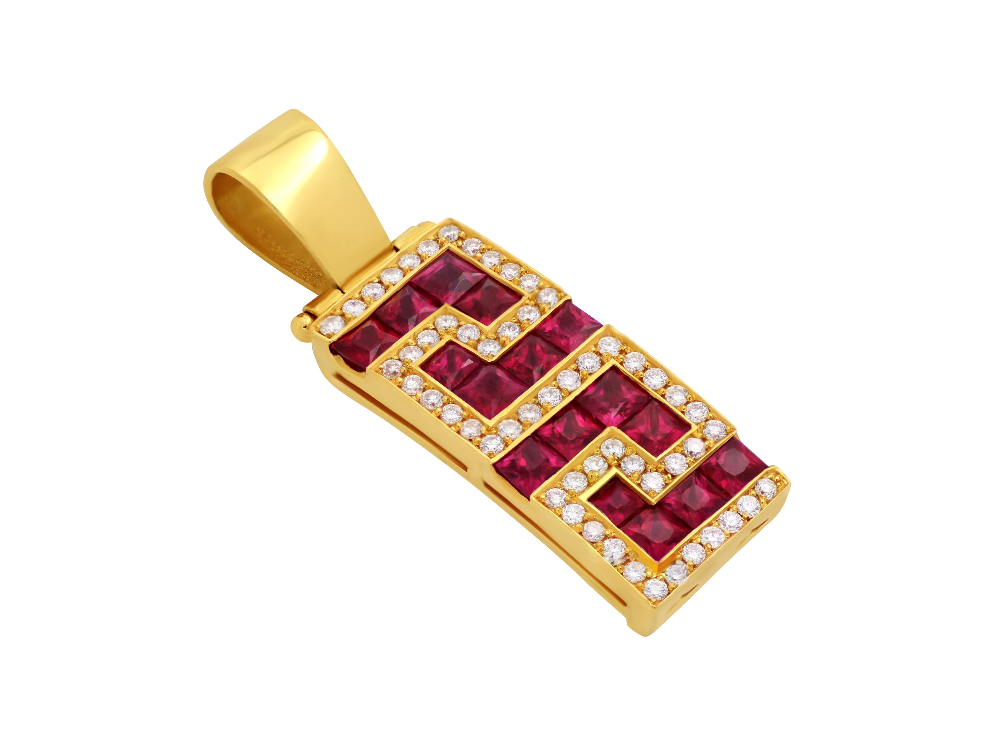 Princess Cut Dimos 18k Gold Greek Key Cocktail Rubies and Diamonds Pendant For Sale