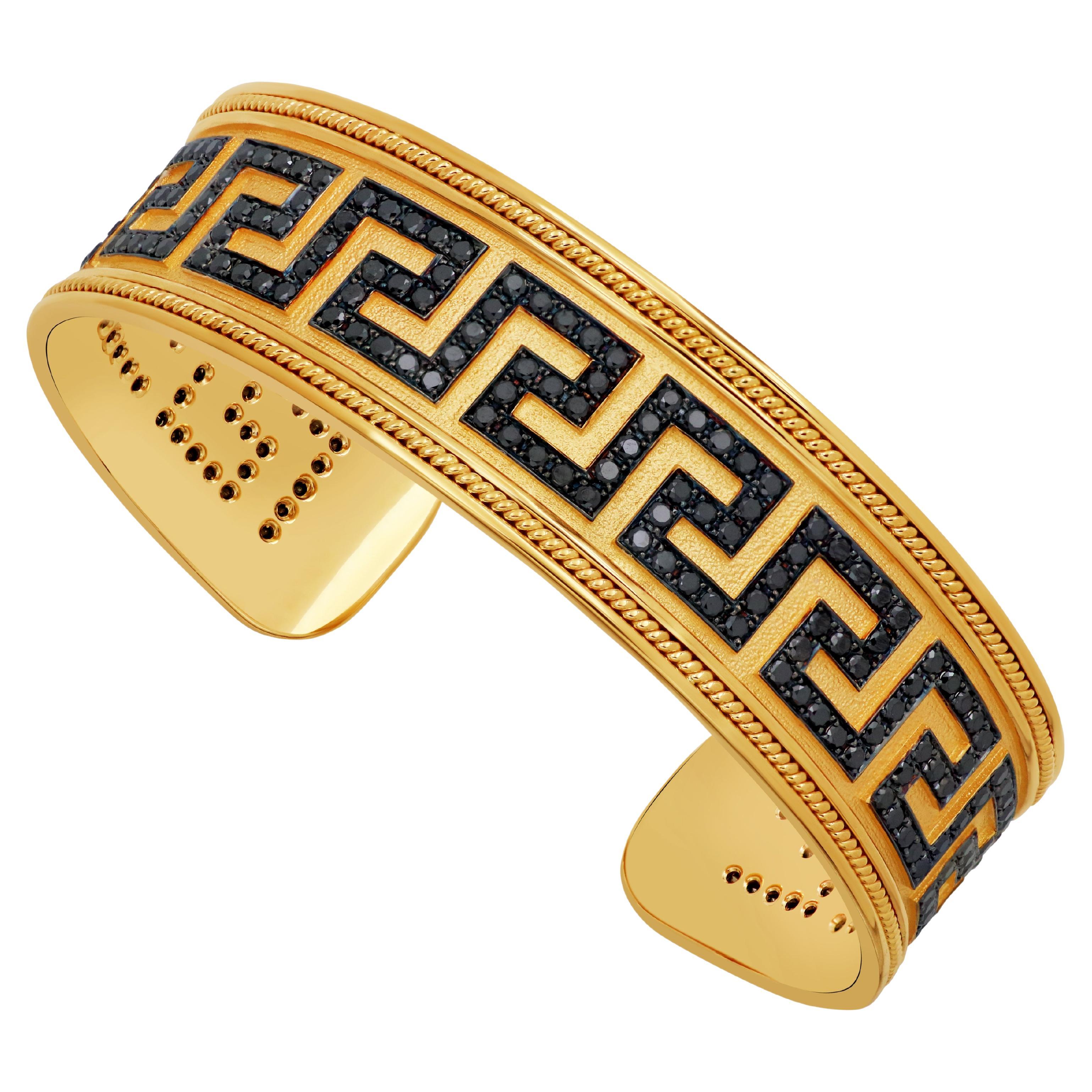 Dimos 18k Gold Greek Key Cuff with Black Diamonds