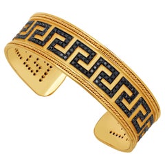 Antique Dimos 18k Gold Greek Key Cuff with Black Diamonds