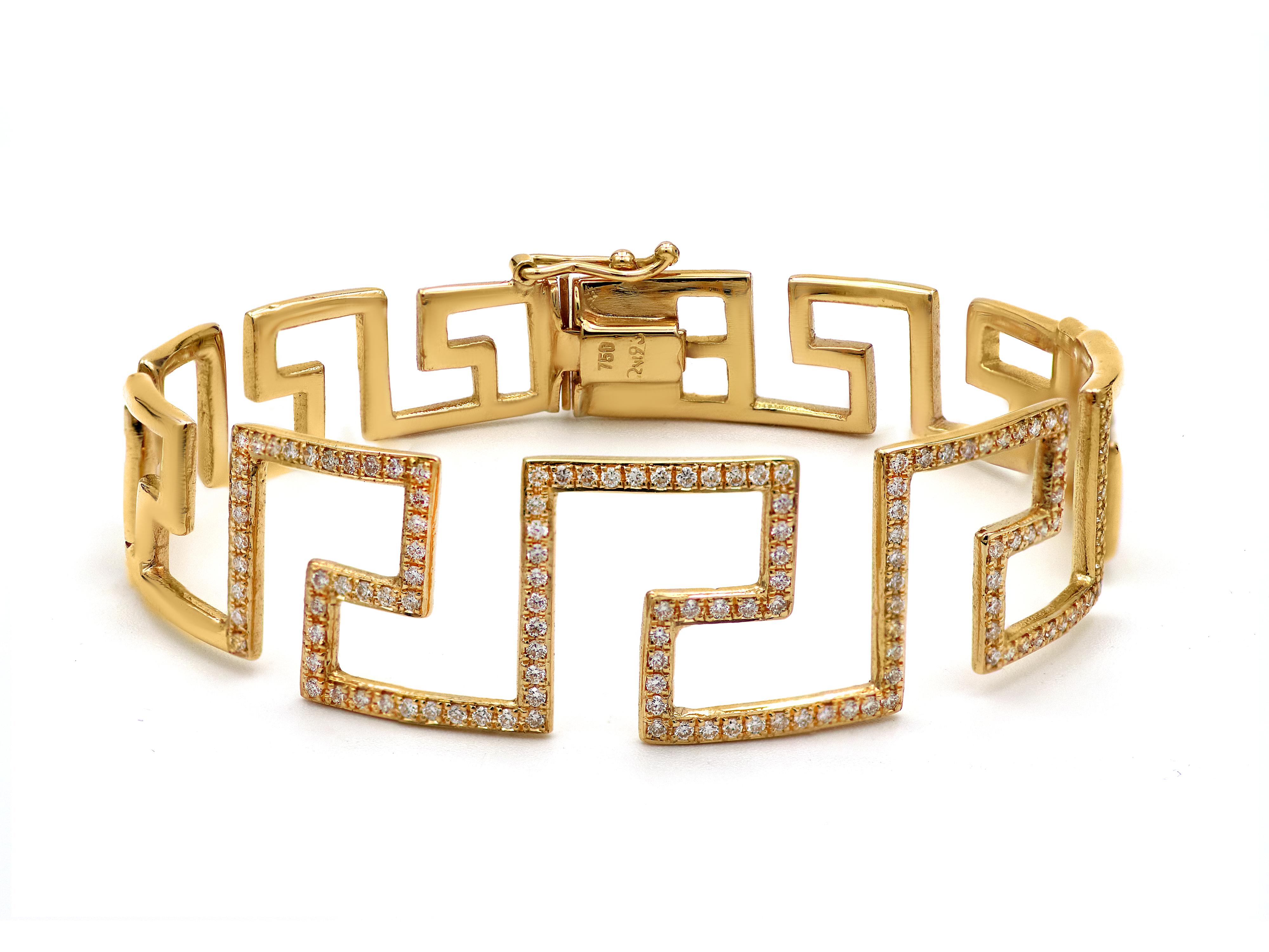 Classical Greek Dimos 18k Gold Greek Key Diamonds Bracelet For Sale