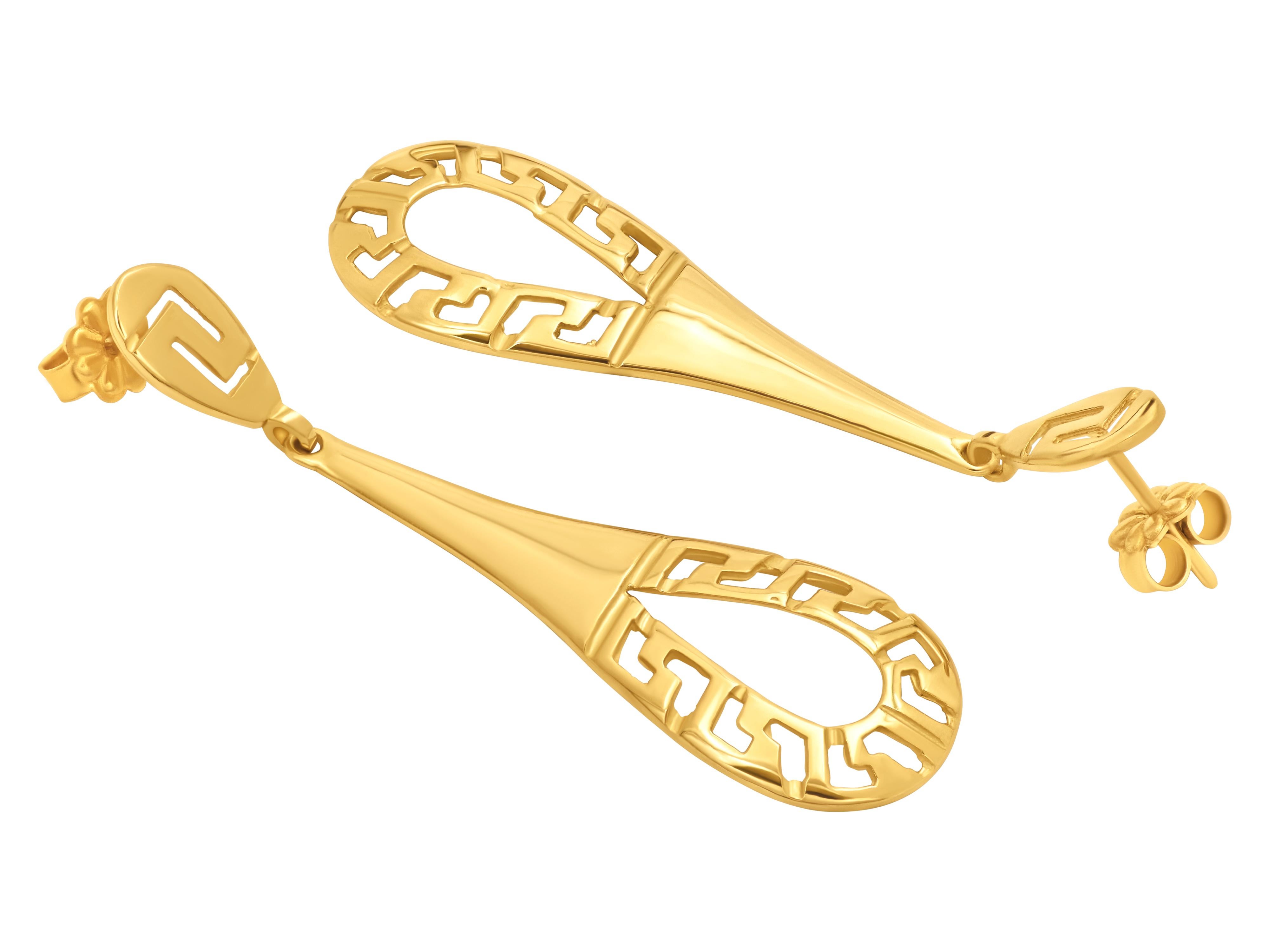Greek key earrings in 18k yellow gold in drop shape. Unique and not commercial piece with depth and character. A not small size but very light in the eyes due to its openness. Can be made to order in white gold or set with a diamond pave finish. You