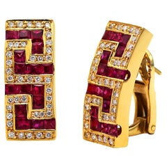 Dimos 18k Gold Greek Key Earrings with Rubies