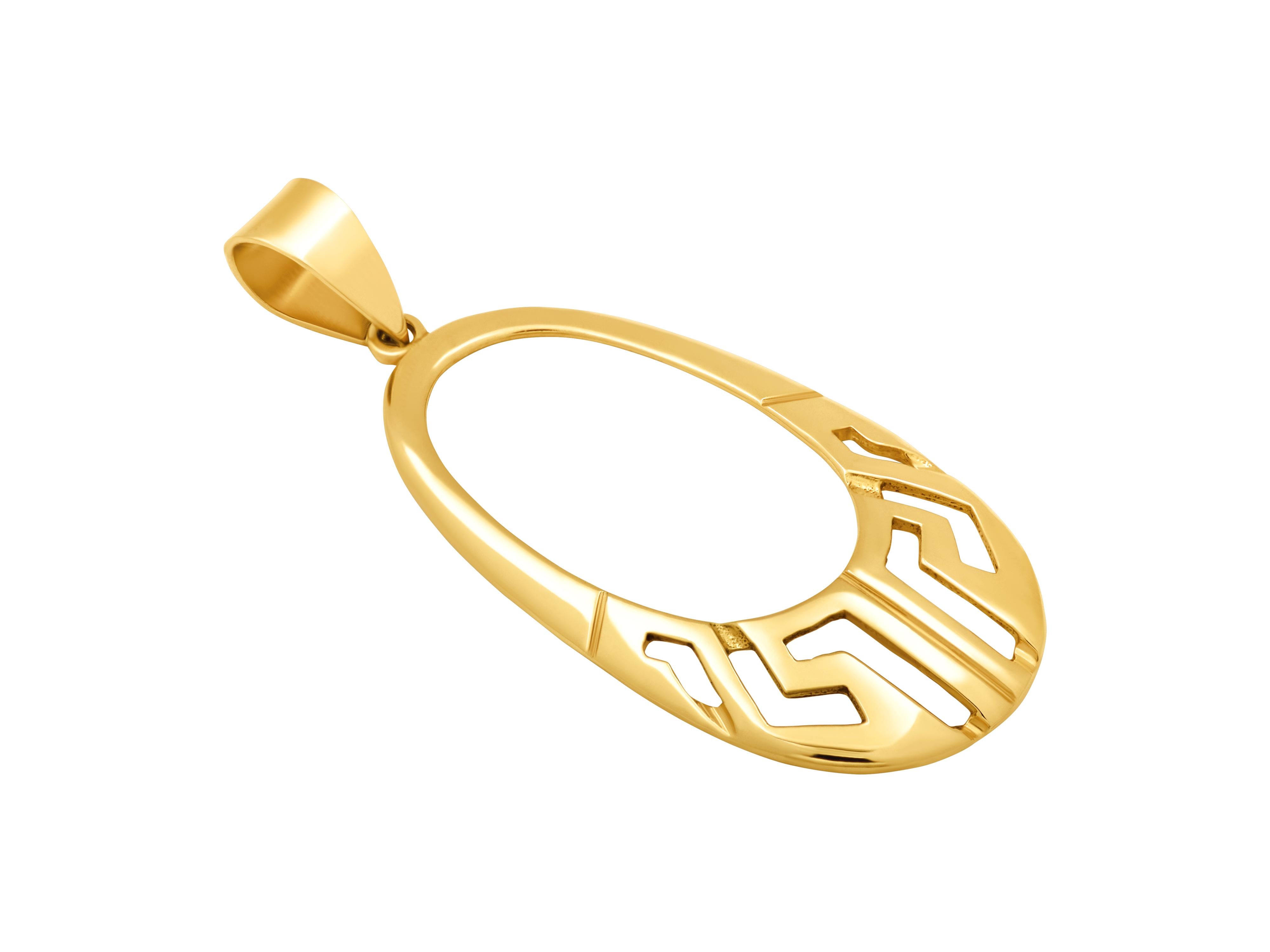 Greek key oval pendant in 18k yellow gold. Unique and not commercial piece with depth and character. A not small size but very light in the eyes due to its openness. Can be made to order in white gold or set with a diamond pave finish. You will love