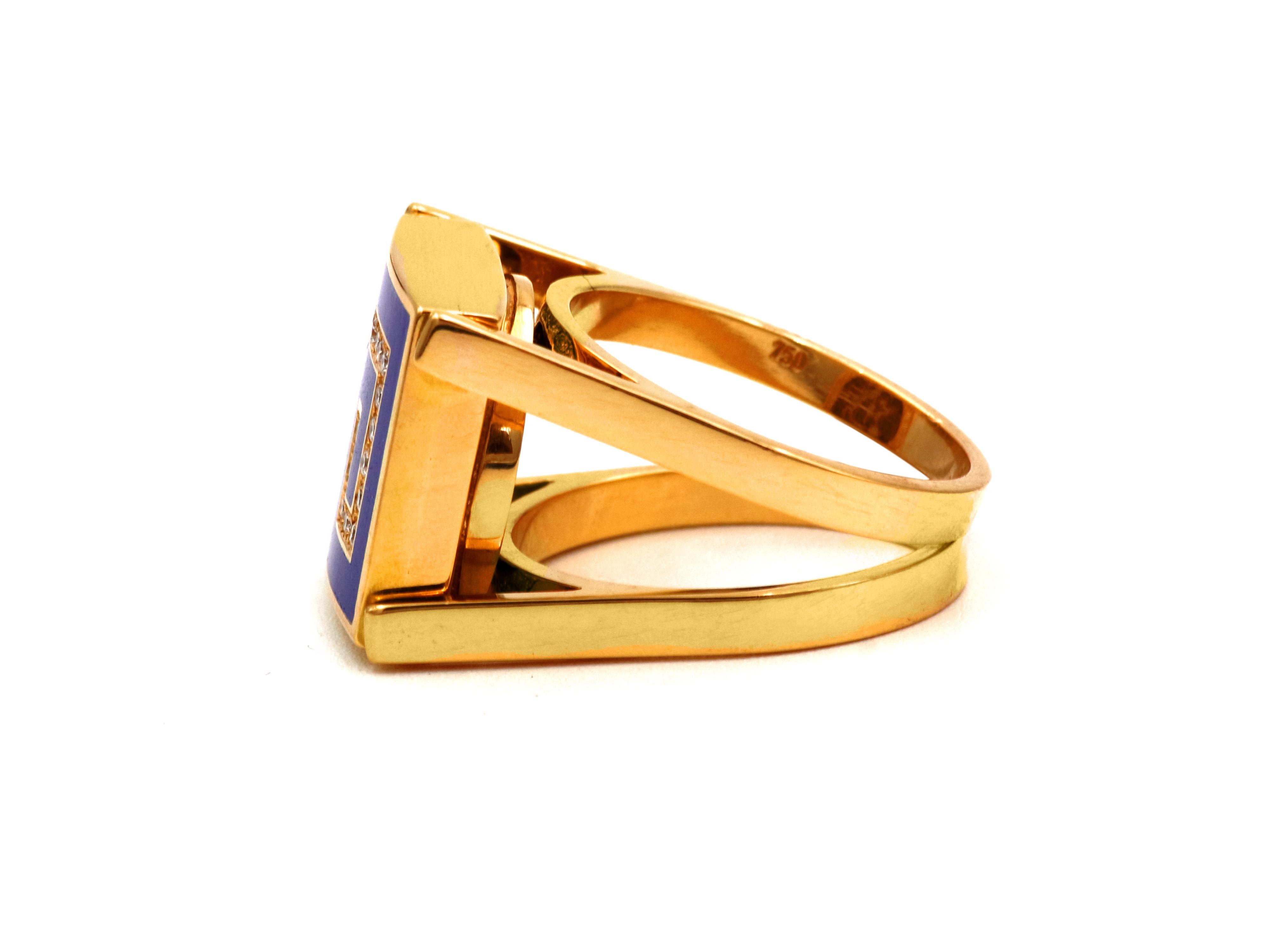 Perhaps the most Modern edition of the Greek key with 0.52 carats natural brilliant cut diamonds. A ring with a twist of being actually two. Two bands are holding a rectangular box one side with the Greek key symbol placed with enamel and toped with
