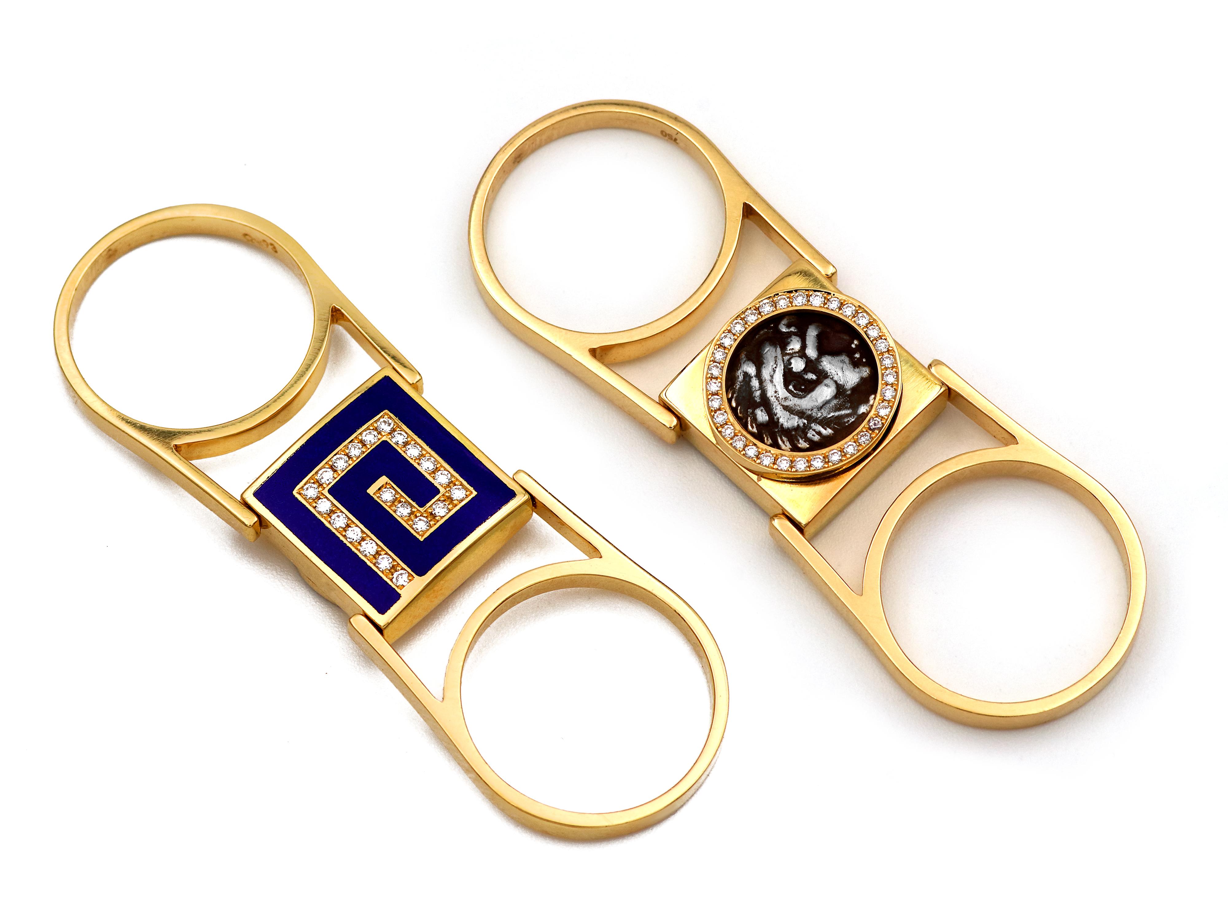 Brilliant Cut Dimos 18k Gold Greek Key Reversible Ring with Diamonds and Enamel For Sale