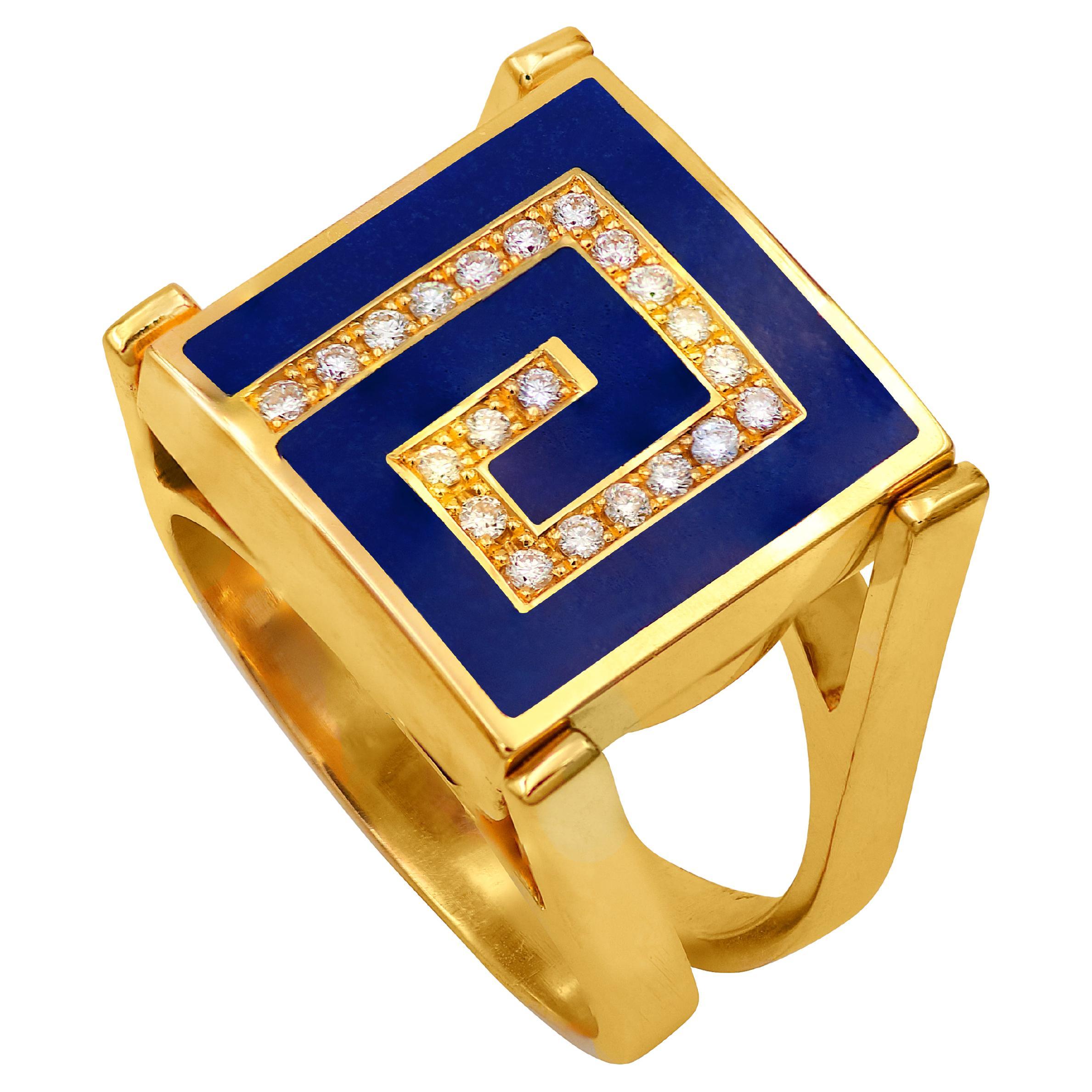 Dimos 18k Gold Greek Key Reversible Ring with Diamonds and Enamel For Sale