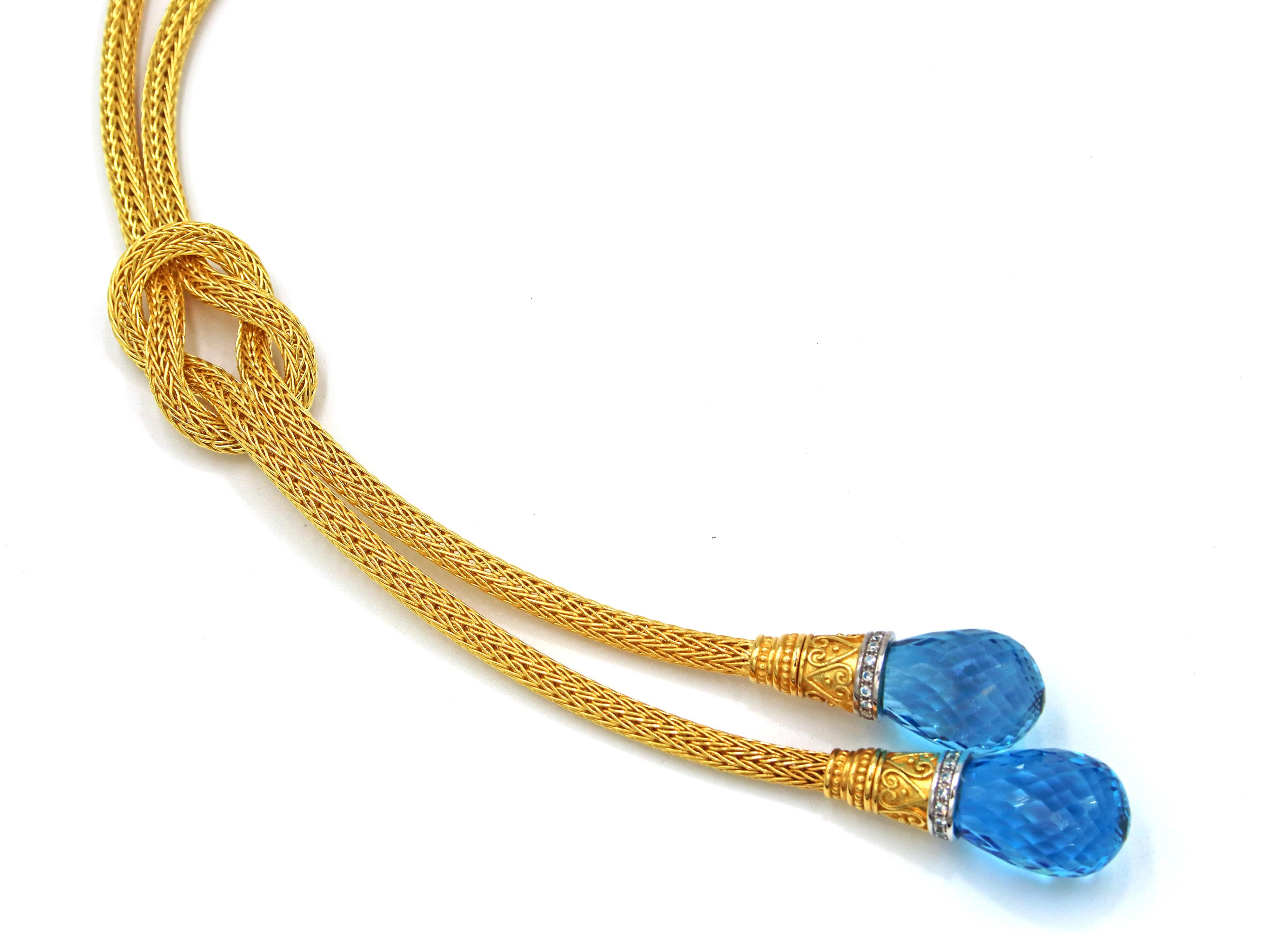Byzantine Dimos 18k Gold Briolette Swiss Blue Topaz Knitted Necklace For Sale