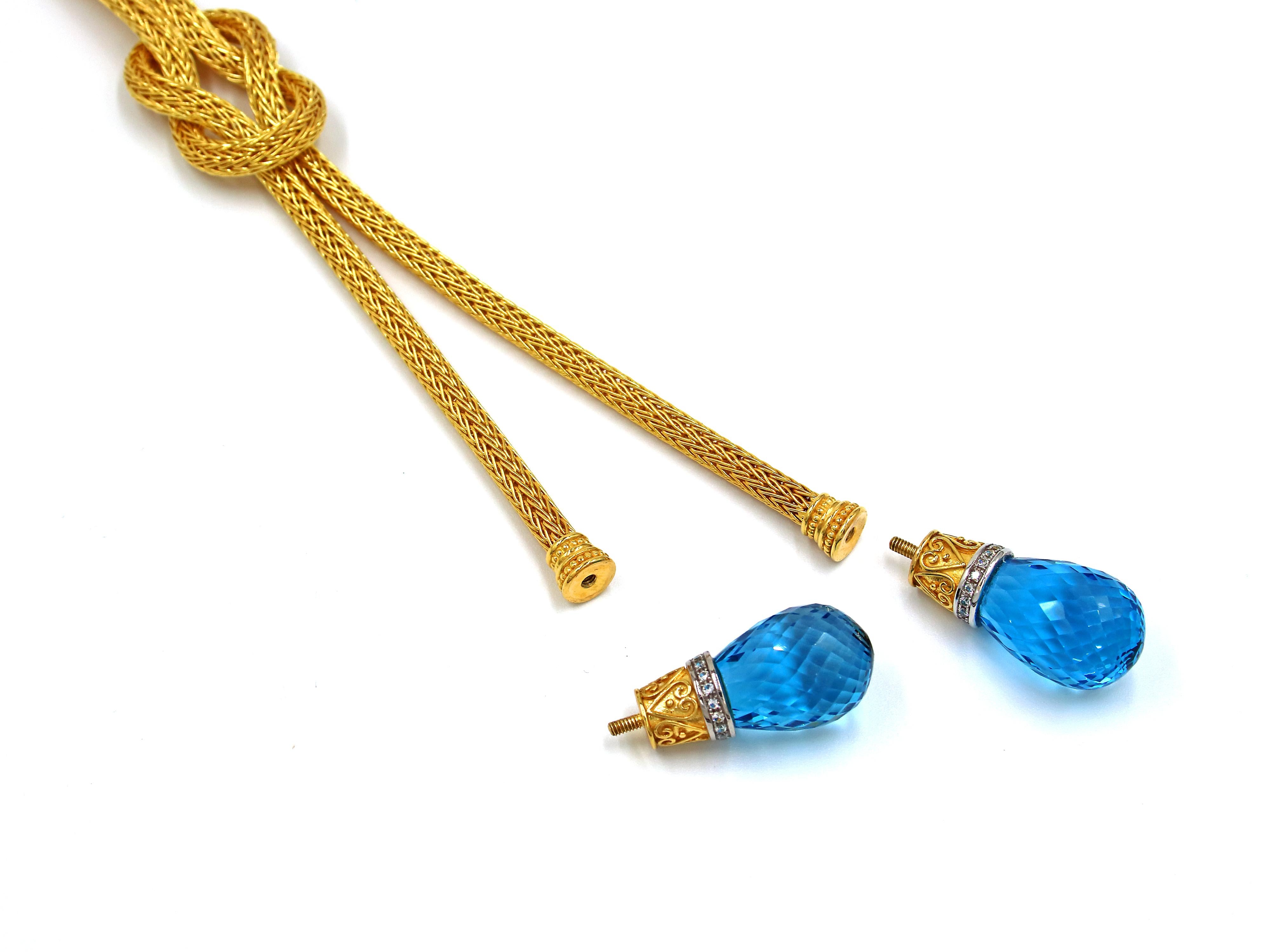 Dimos 18k Gold Briolette Schweizer Blautopas gestrickte Halskette im Angebot 3