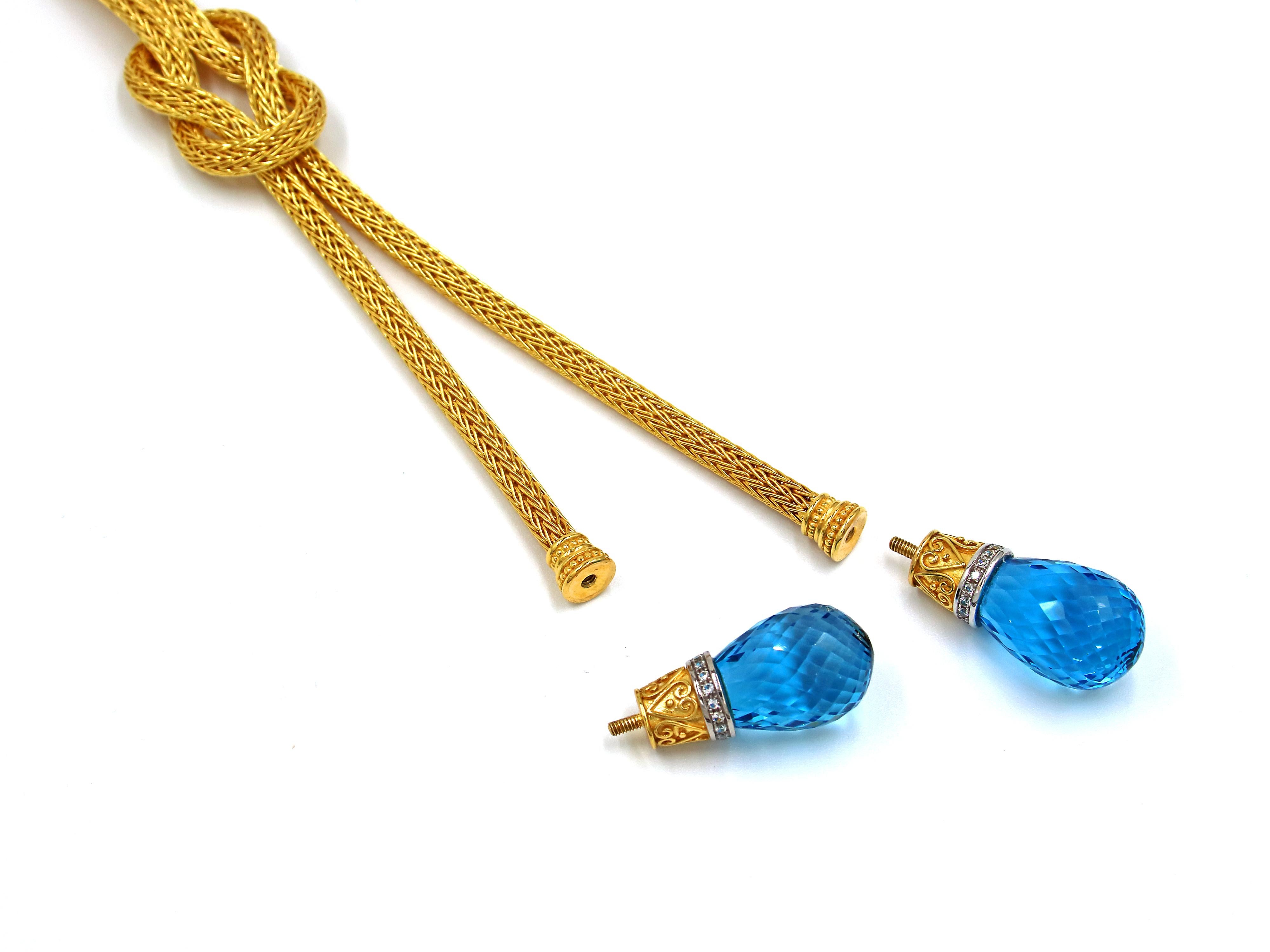 Women's Dimos 18k Gold Briolette Swiss Blue Topaz Knitted Necklace For Sale