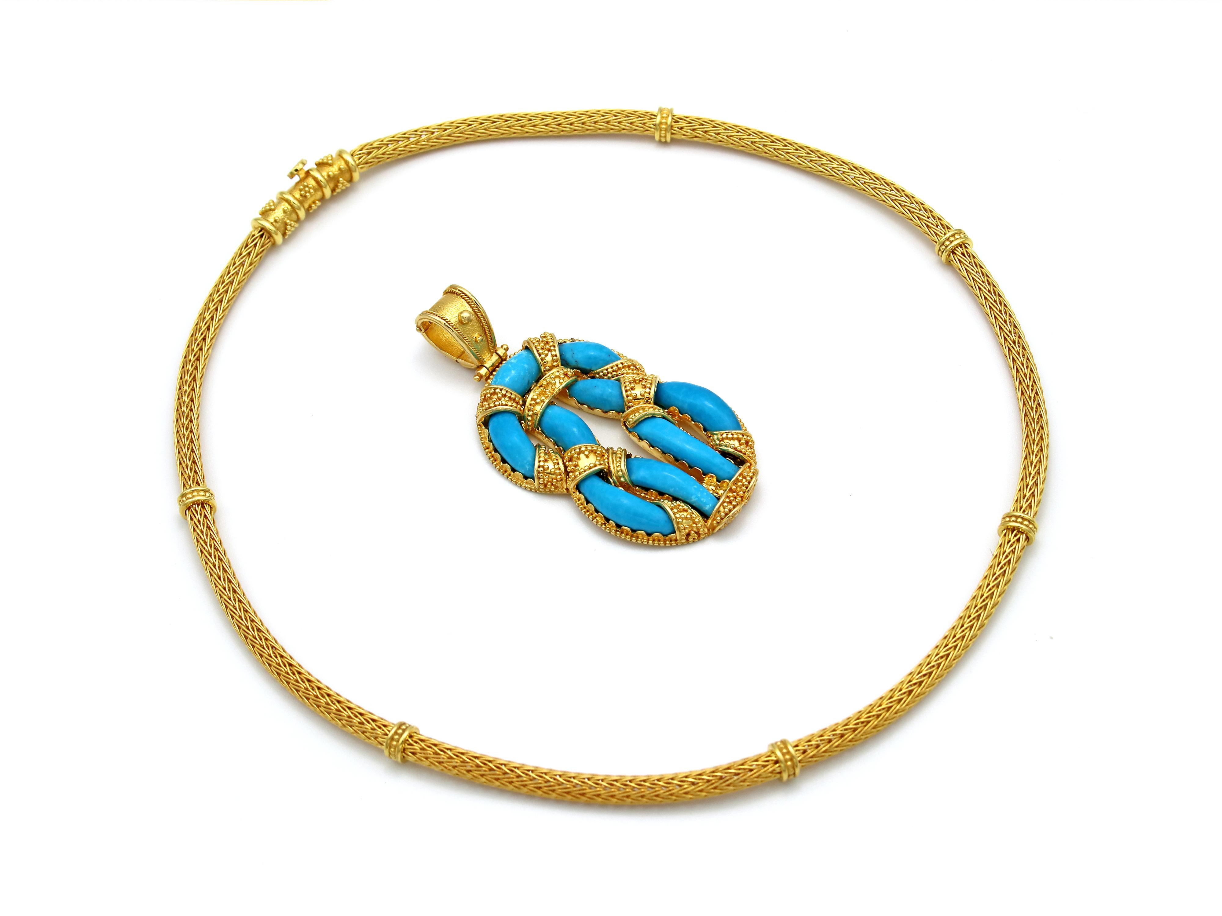 Cabochon Dimos 18k Gold Knitted Necklace with Hercules Knot Pendant