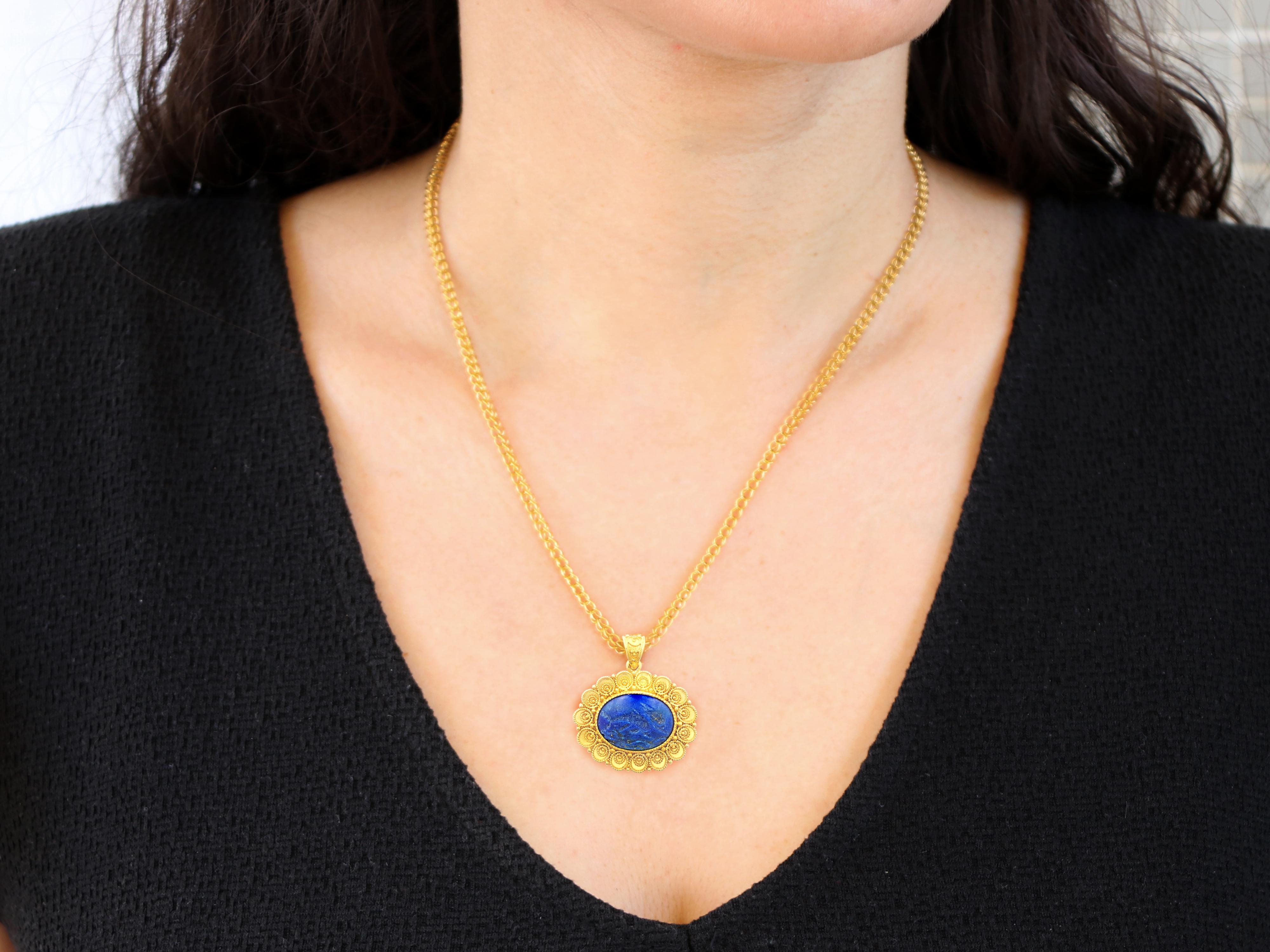 Greek Revival Dimos 18k Gold Lapis Lazuli Pendant with Carved Dolphins For Sale