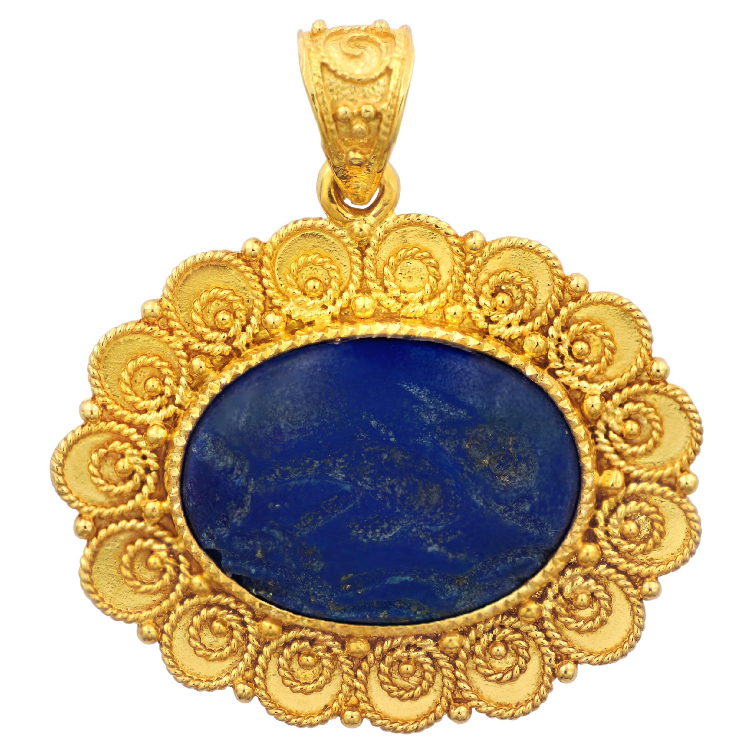 Dimos 18k Gold Lapis Lazuli Pendant with Carved Dolphins