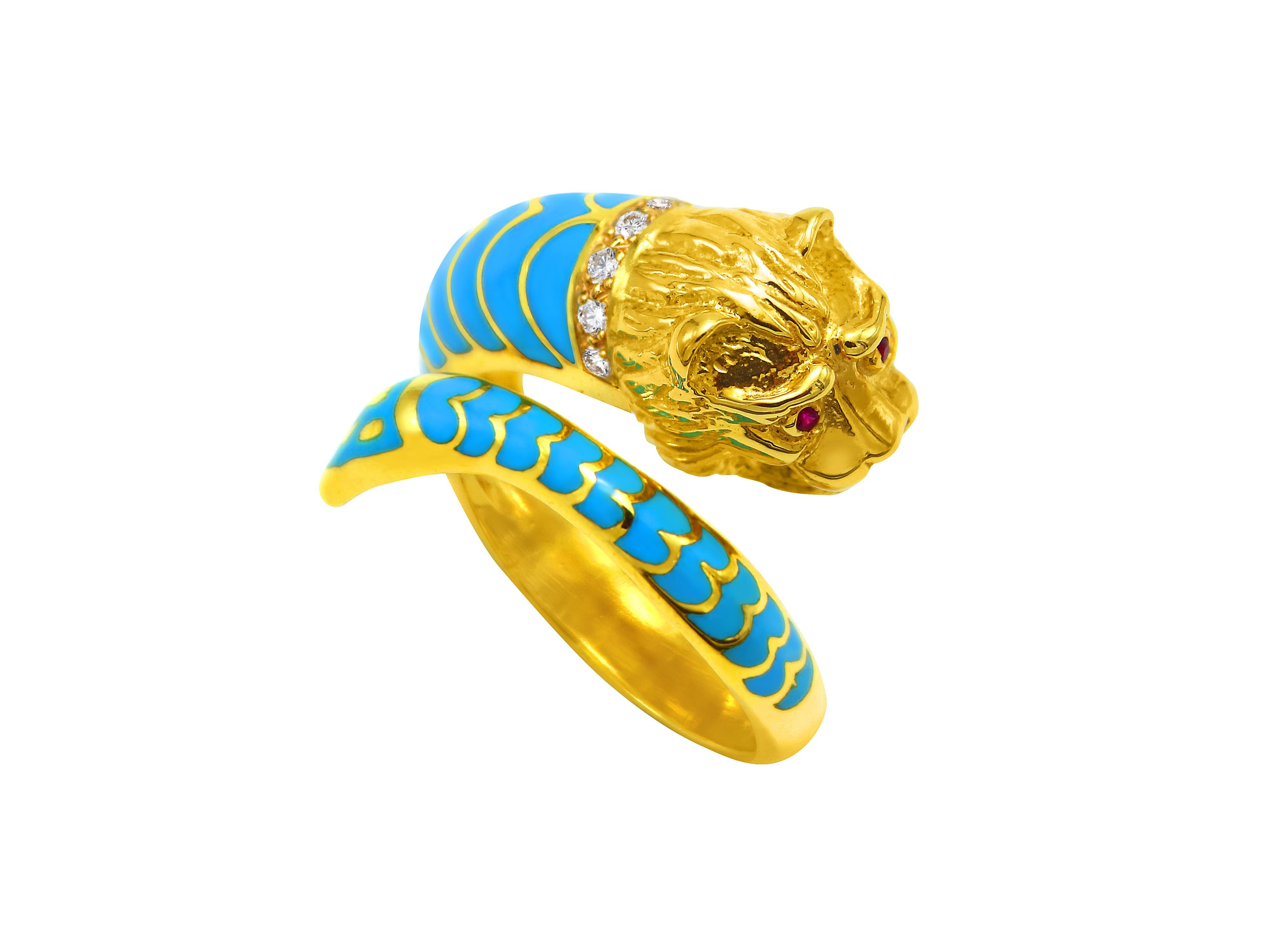 Lion ring museum inspiration in 18 karat yellow gold with an amazing 3-D design and fresh happy look of turquoise enamel. Natural 0.04 carats rubies in the eyes and a diamond collar of 0.10 carats.  Start adding some color to your jewelry box, it