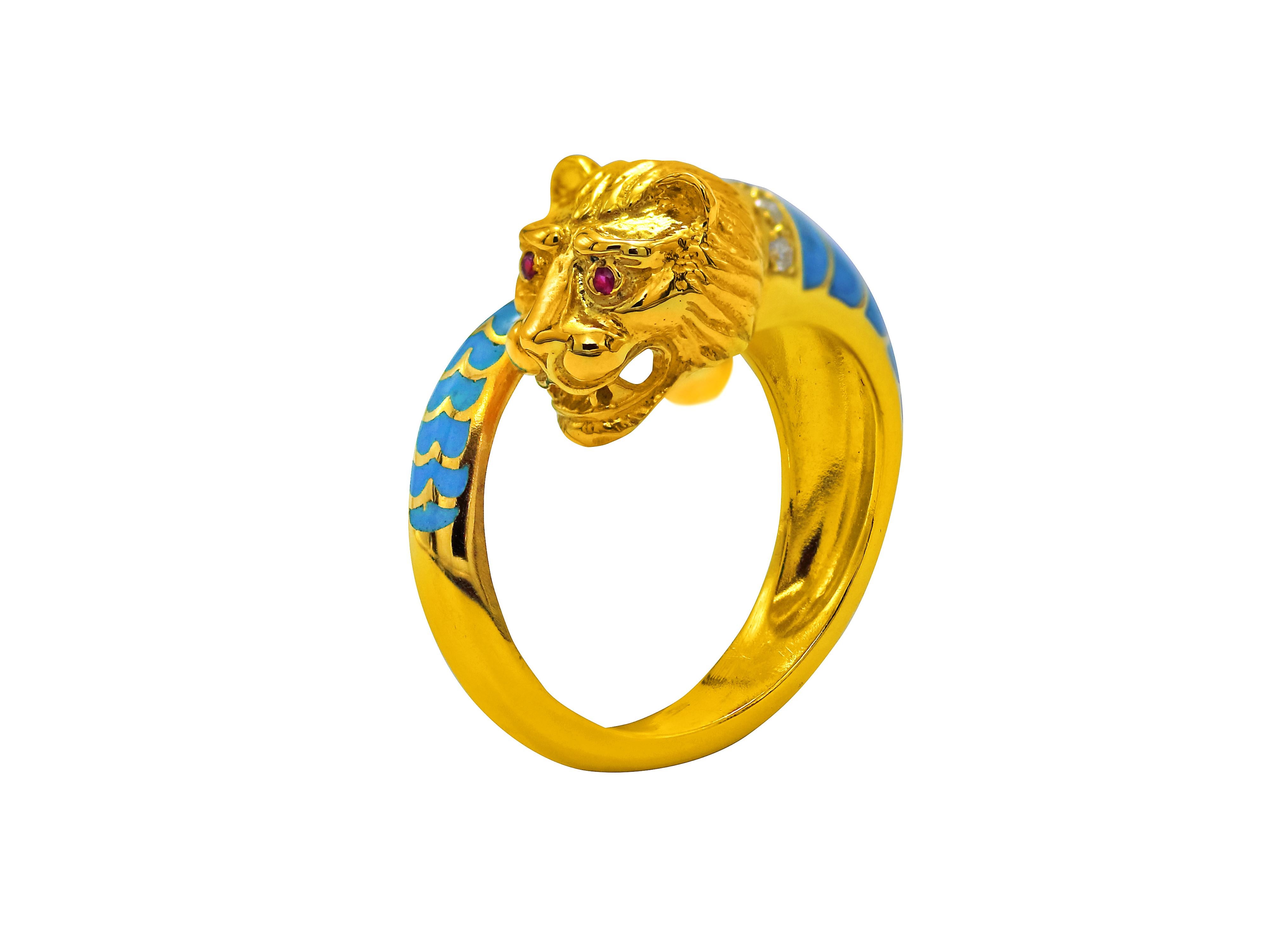 Greek Revival Dimos 18k Gold Lion Ring with Rubies and Diamonds For Sale