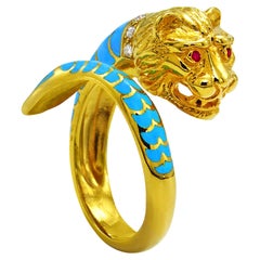 Antique Dimos 18k Gold Lion Ring with Rubies and Diamonds