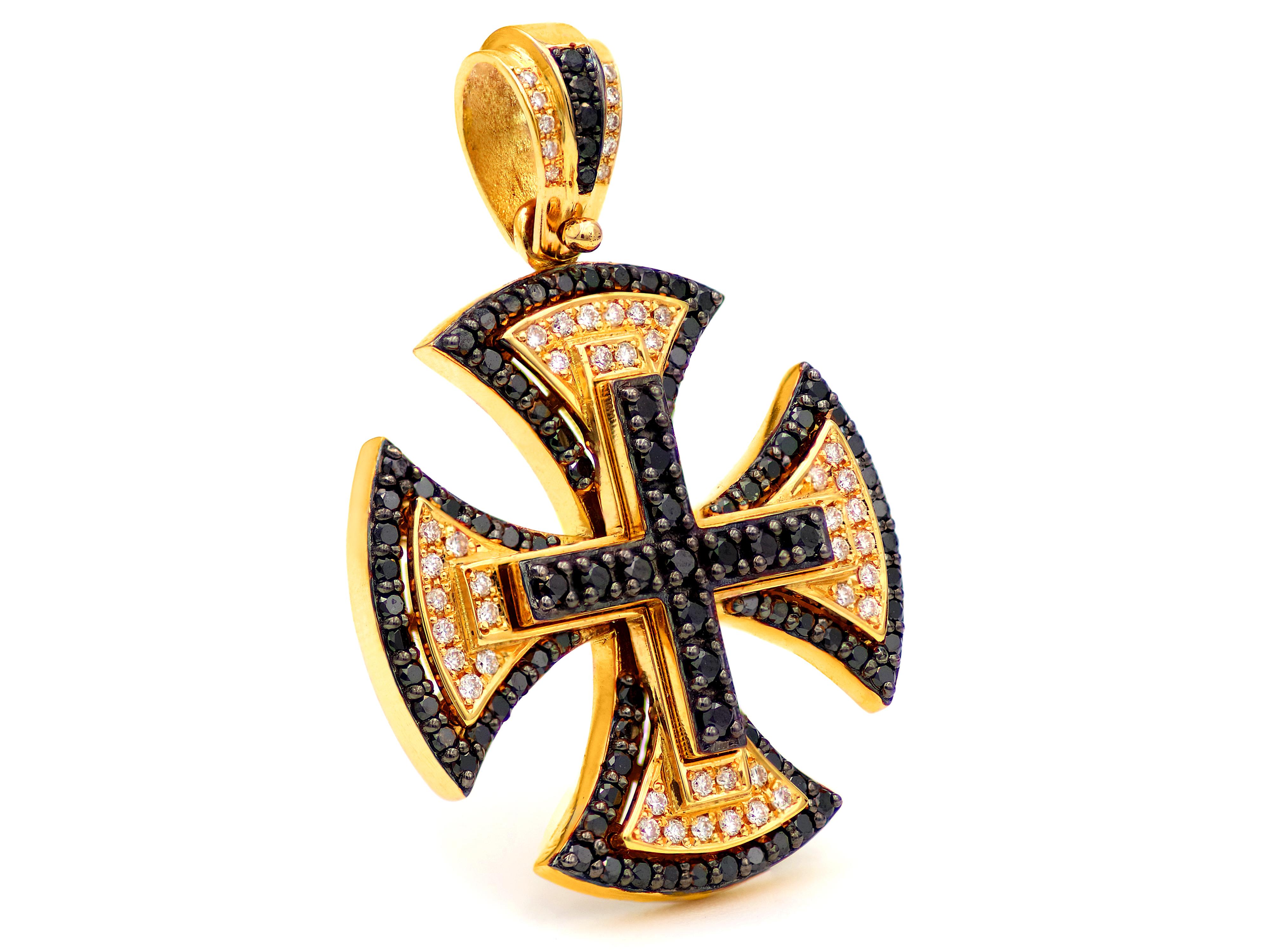 A medieval cross hosts the todays cross of Christianity. A united symbol that brings out 2 worlds with the outer and inner center cross.  Set in 18 karats yellow gold with 1.20 karats black and 0.28 karats white natural brilliant cut diamonds that
