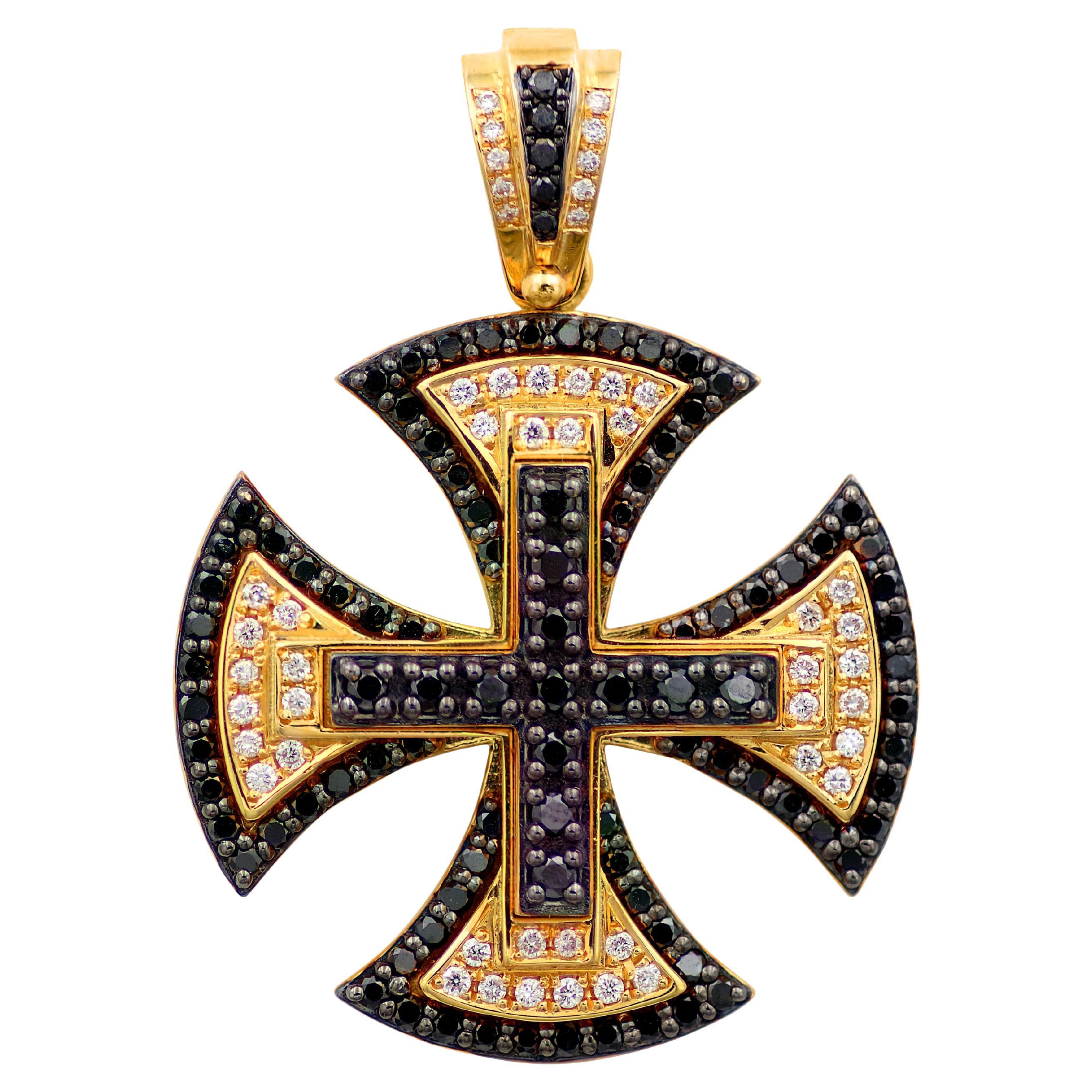 Dimos 18k Gold Medieval Cross with Black and White Diamonds For Sale
