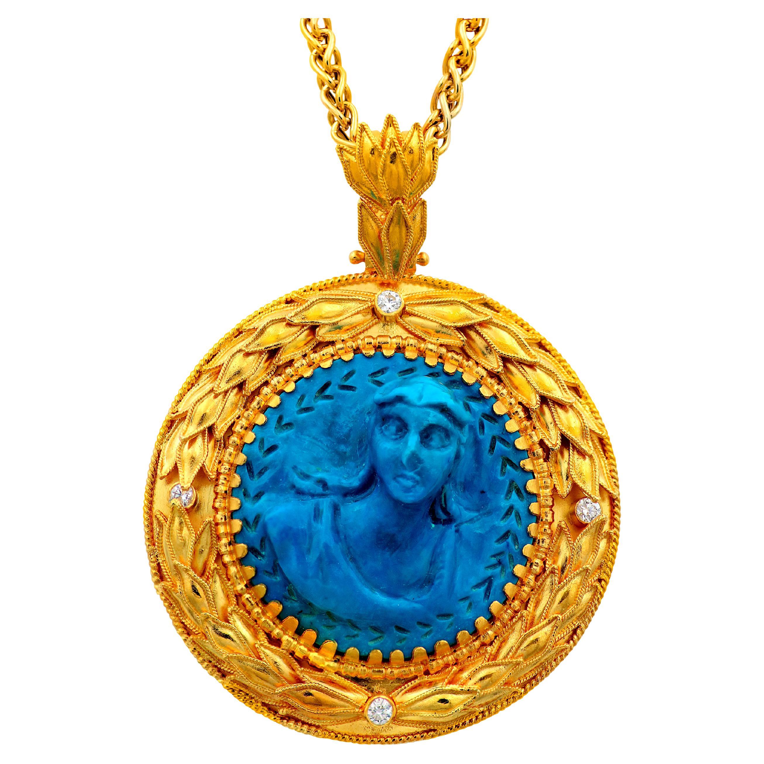 Dimos 18k Gold Museum Copy Goddess Artemis Pendant with Diamonds