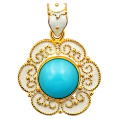 Antique Dimos 18k Gold Natural Turquoise Pendant with Enamel